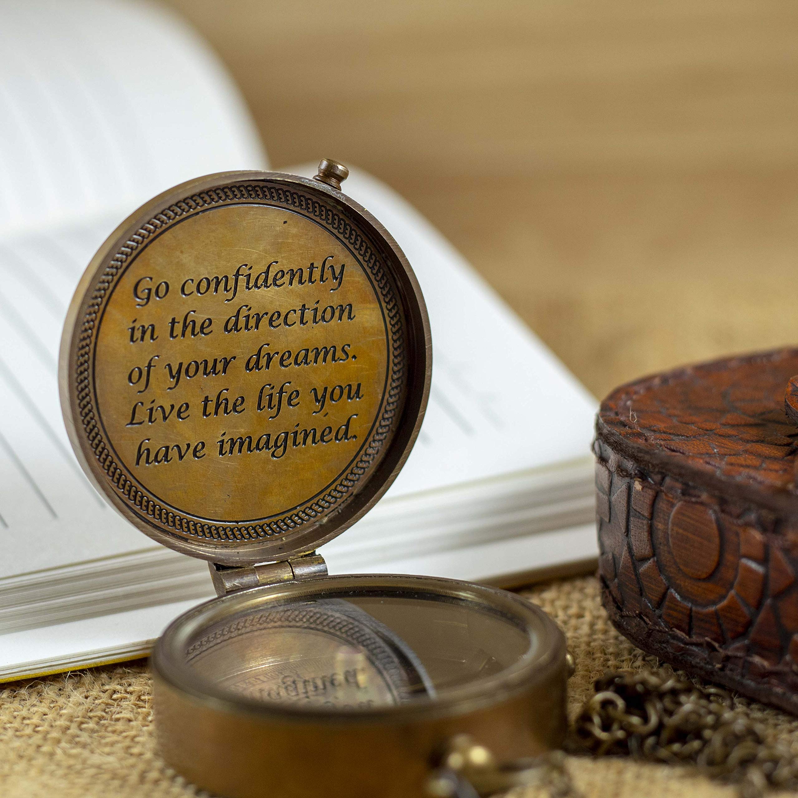 CalyronBrass Pocket Magnetic Compass with Chain Nautical Engraved Go Confidently in The Direction of Your Dreams Quote Engraved Compass