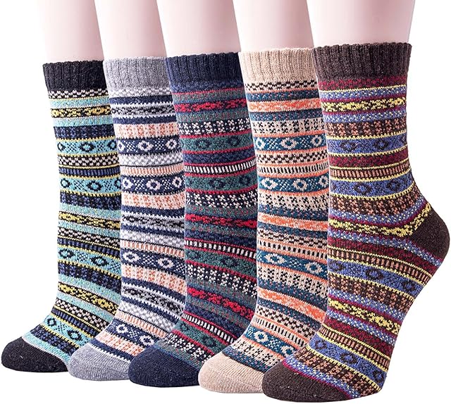 5 Pack Womens Socks Wool Thermal Warm Knitting Ladies Socks for Winter One Size
