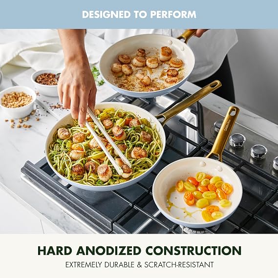 GreenPan Nonstick Reserve Pro 8, 10 & 12 Frying Pan Set, NSF Certified Ceramic, Hard Anodized PFAS-Free Skillets, Stainless Steel Handles, Oven & Dishwasher Safe, Glacier Blue