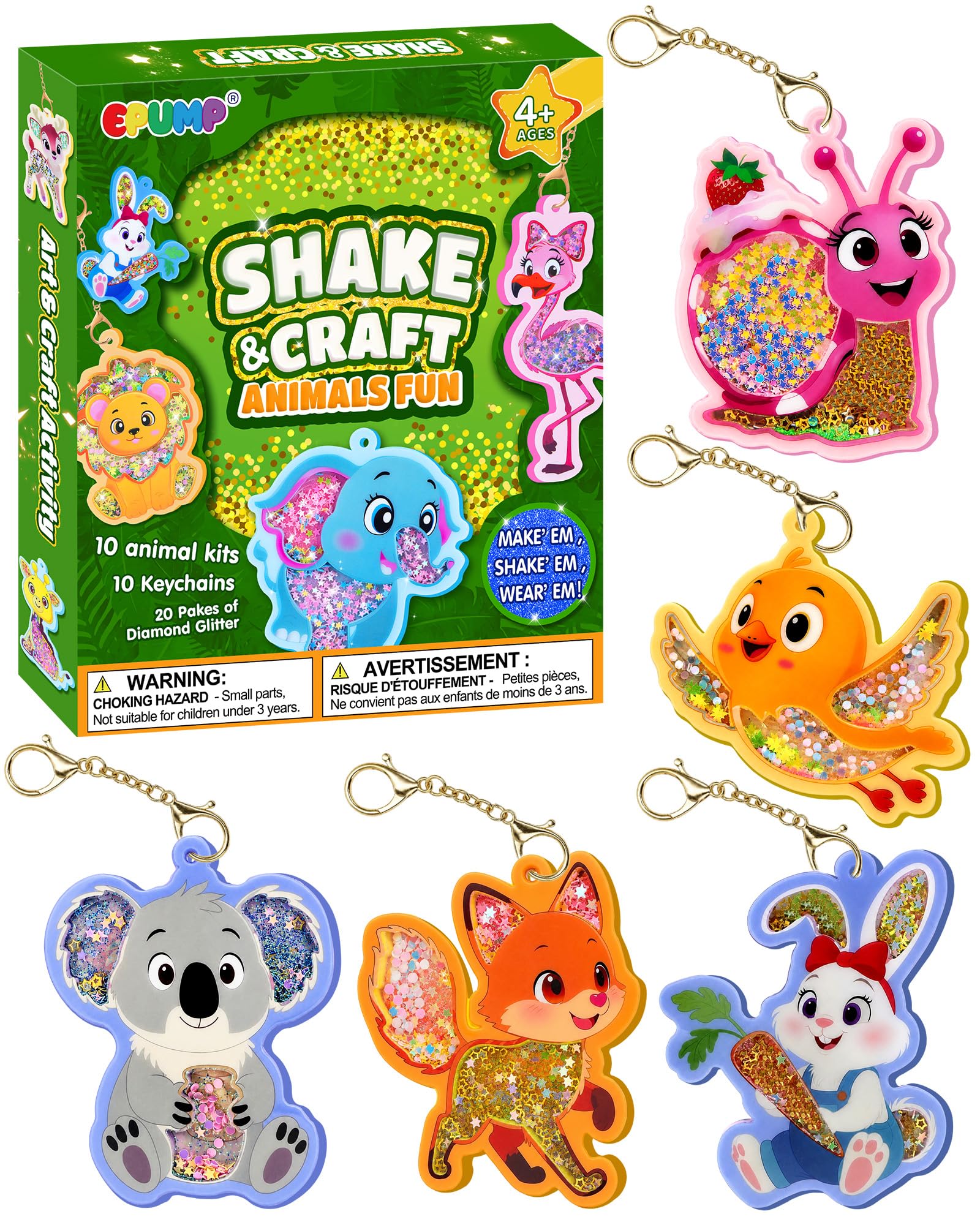 EPUMP DIY Shaker Craft Kit for Kids, Animals Keyring Making Set, Arts and Crafts Activity with Glitter Confetti, Bag Charms & Accessories, Creative Activity Toy, Birthday Gifts for Ages 4-9 Years