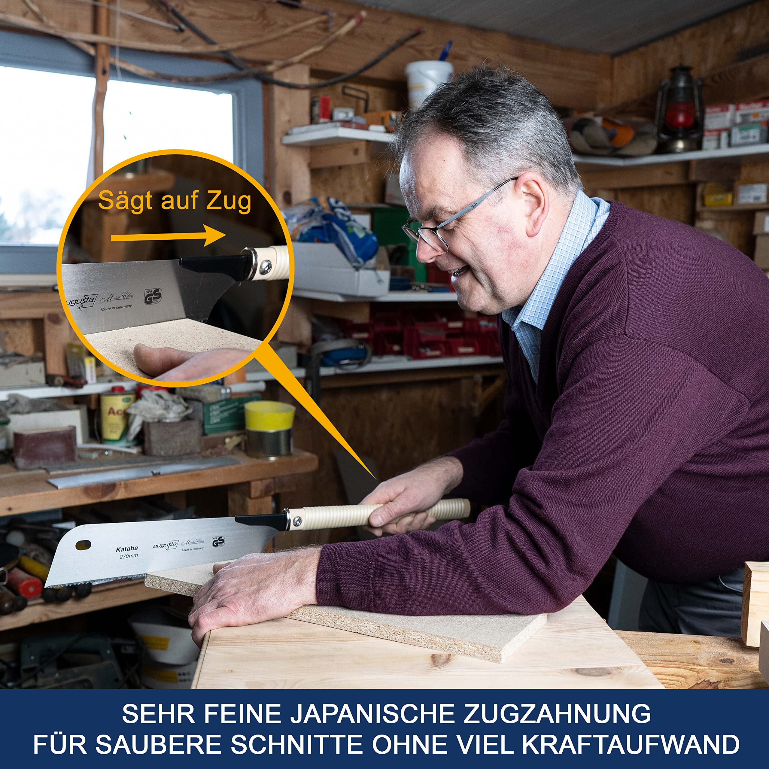 Augusta-Heckenrose Japansäge Kataba 270 mm I Traditionelle Säge aus Bandstahl C75 für Feinschnitte I Holzsäge mit verkürztem Stahlrücken & Bastgriff