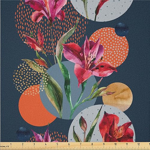 Miniatura 28 de Ambesonne The Yard, tela floral de ensueño de The Yard, flores retro onduladas con estampado abstracto de aura bohemia, tela de microfibra para