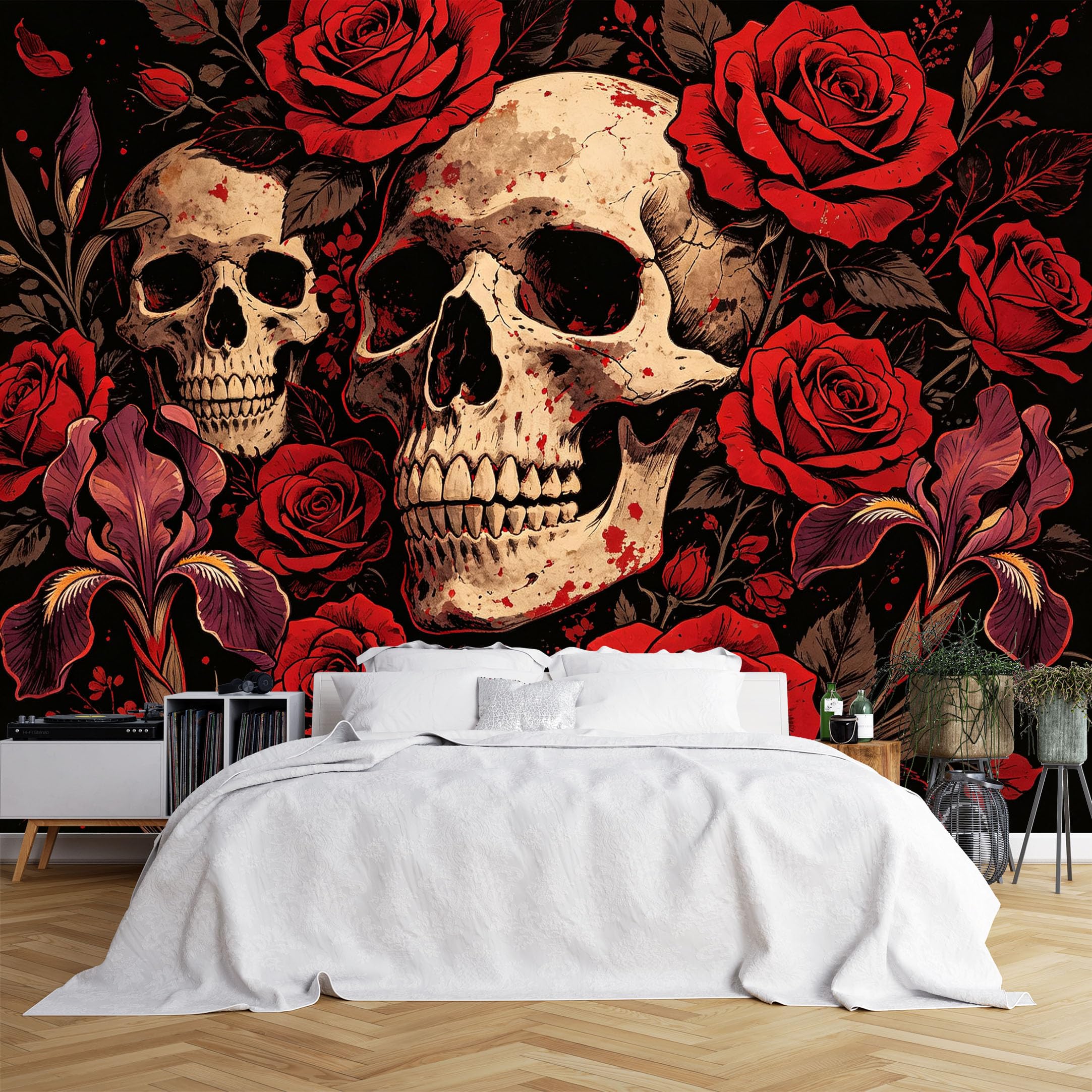 Lcythiazole Ch260615103 Custom Size Wall Murals Red Rose Skull Gothic Pattern Wall Murals Hd Dark Art Wallpaper Wall Stickers Self-Adhesive Removable Wallpaper For Bar Bedroom