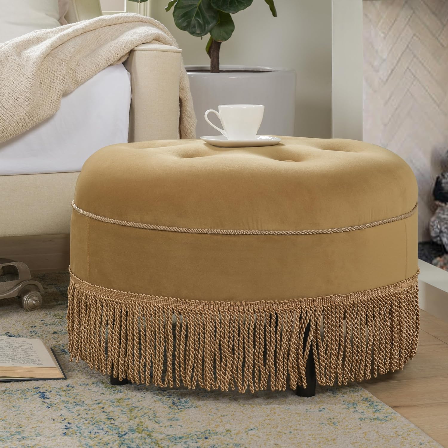 Yellow Round Velvet Accent Ottoman