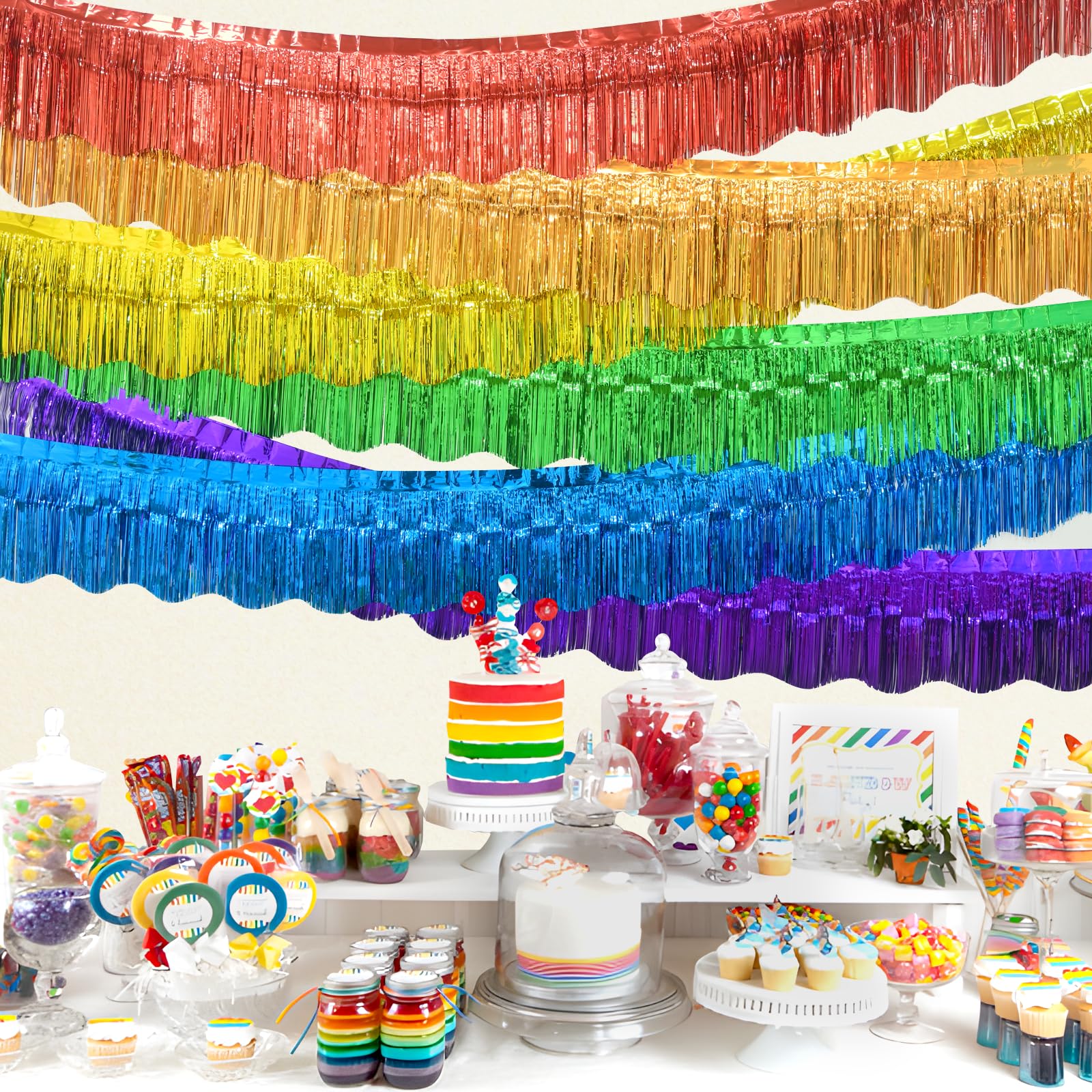 LOLStar Regenbogen-Folien-Fransengirlande, Party-Dekorationen, 6 Stück, Regenbogen-Lametta-Metallic-Glitzer, hängende bunte Tischröcke für Geburtstag, Hochzeit, Weihnachten, Stolz, Monat, Parade