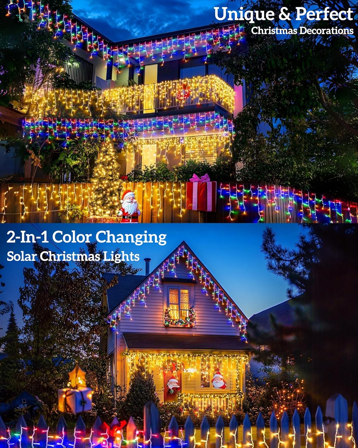 Solar Christmas Lights Outdoor 640LED 16Ft+60Ft, Color Changing Solar Icicle Lights Waterproof with 13 Modes Rechargeable for Outside Roof Fence Christmas Decorations