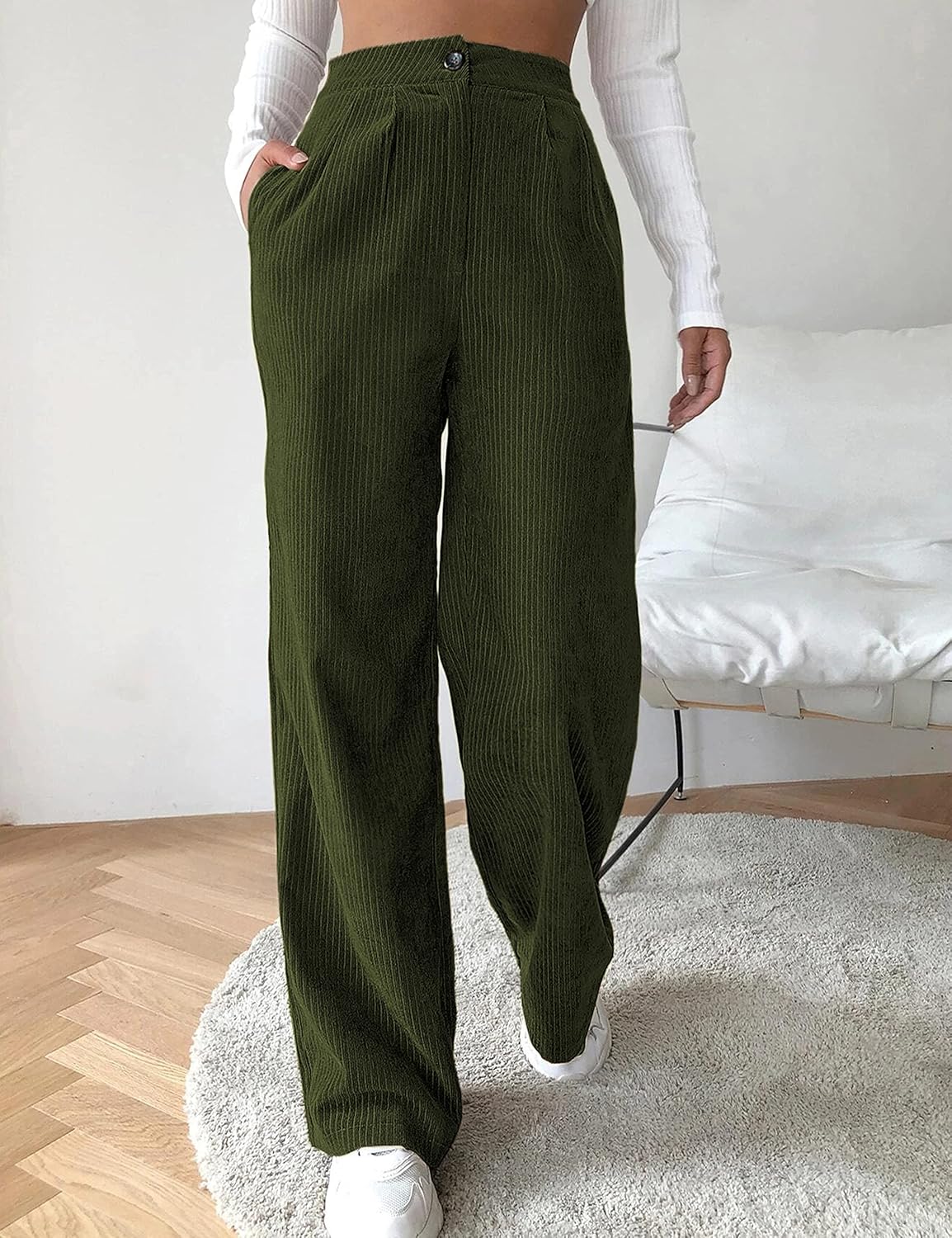 Himosyber Corduroy Pants for Women Wide Leg High Waist Loose Comfy Trousers with Pockets (ArmyGreen-L) - Image 4