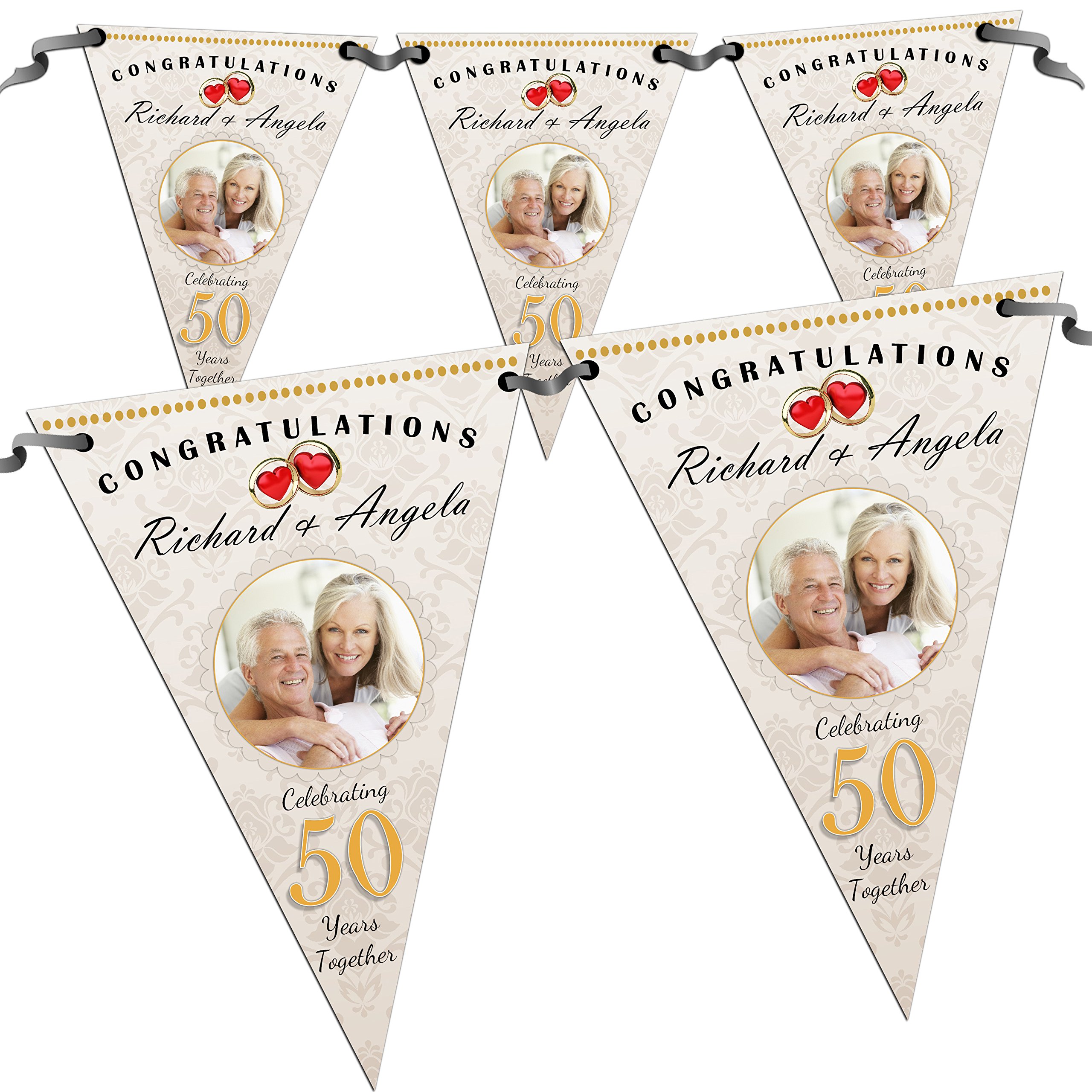 Personalised 50th Golden Wedding Anniversary Congratulations Party PHOTO Flag Banner Bunting N62-10 Flags inc ribbon