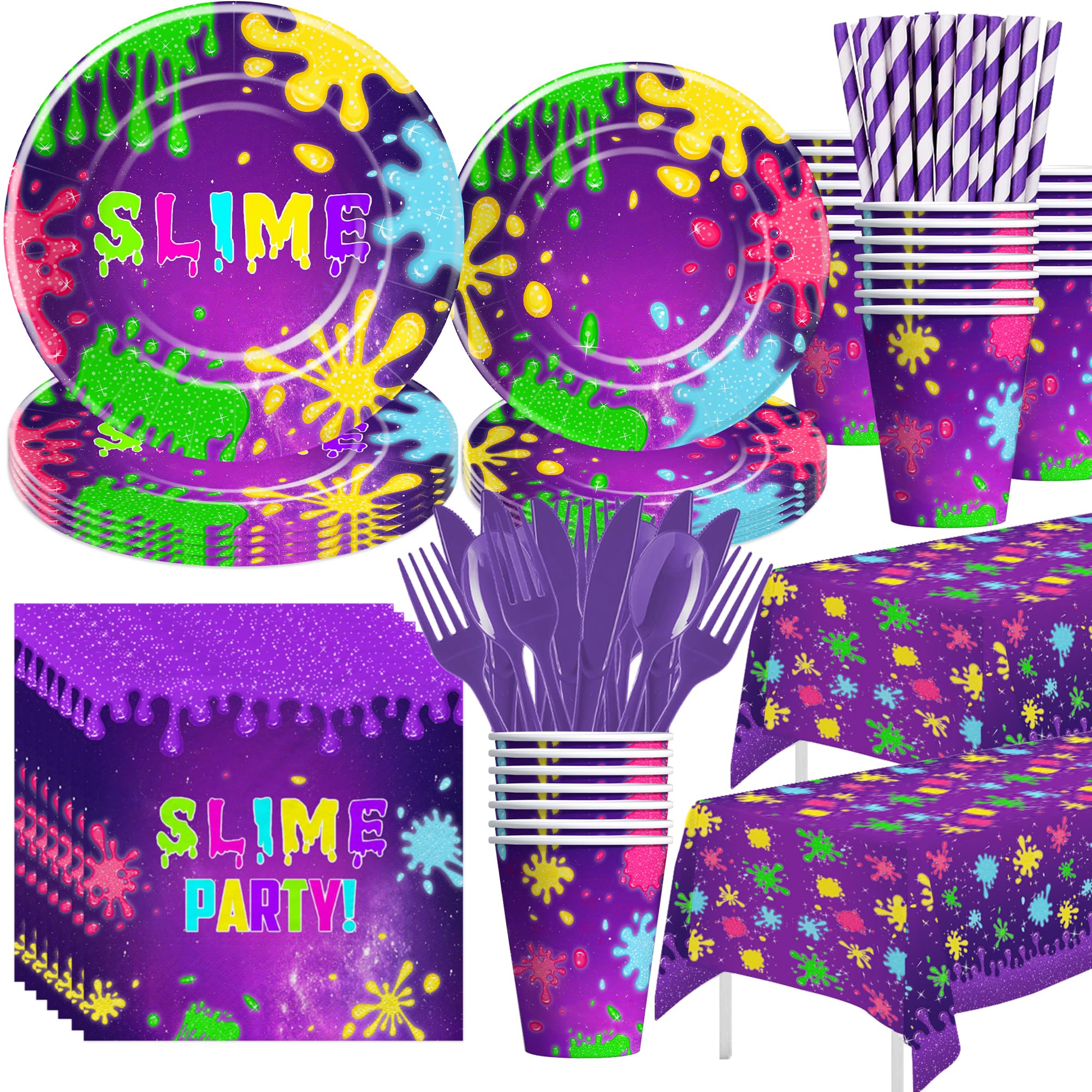 Slime Birthday Party Decorations Tableware - Slime Party Supplies, Plate, Cup, Napkin, Tablecloth, Cutlery, Purple Glitter Slime Splatter Splash Colorful Theme Table Decorations | Serve 24