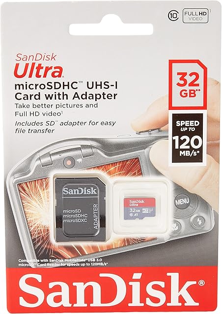 SanDisk Ultra 32GB microSDHC Memory Card + SD Adapter with A1 App Performance Up to 120MB/s, Class 10, UHS-I