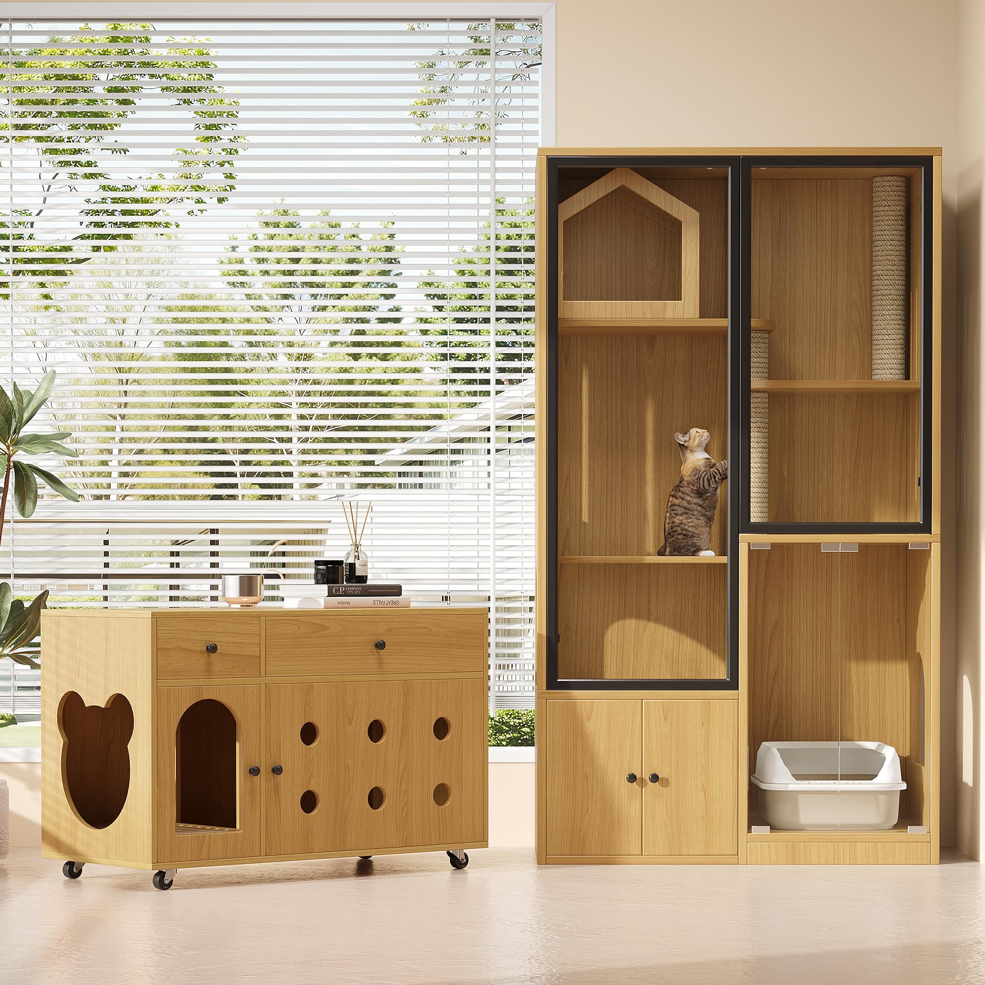 Gatos caseta para gatos, casa de cristal para gatos, valla grande de cuatro pisos, valla resistente al invierno, jaula para gatos resistente al invierno, con poste rascador, 90 x 50 x 160 cm (C)
