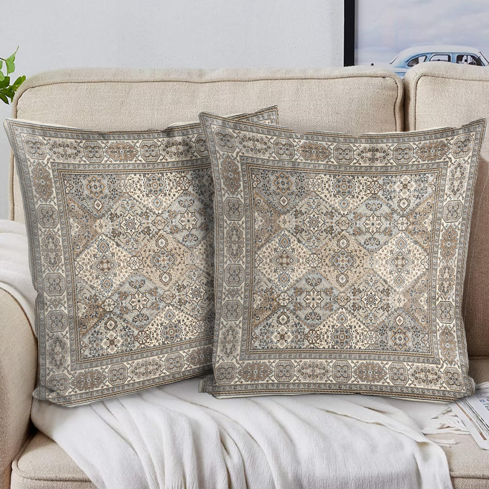 Photo 1 of BUAEL Boho Floral Throw Pillow Covers 22x22 inch Set of 2,Boho Rug Geometric Floral Pattern Decor Double Sided Pattern Cushion Cover Soft Pillow Case Living Sofa Room Bed Square Pillow Cover
