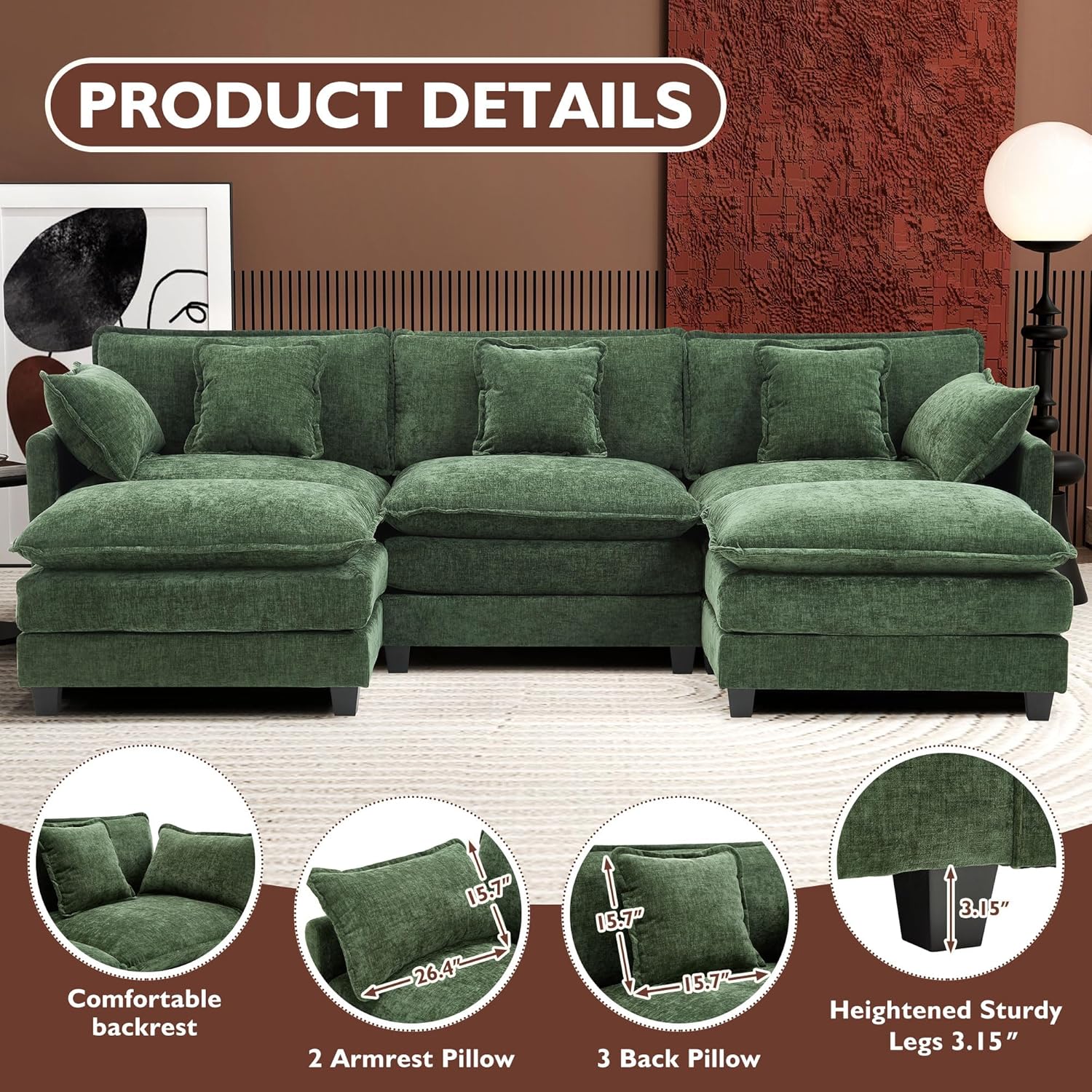Ihanherry 111.4" U-Shaped Modular Sectional Sofa 5-Seat Chenille 2 Ottomans Green