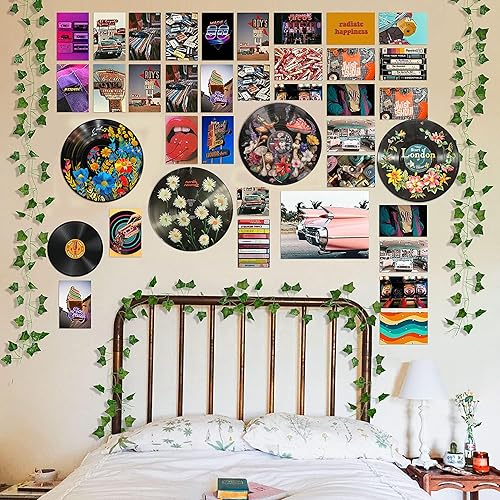 Miniatura 2 de HK Studio Decoración hippie, carteles para estética de habitación, arte botánico de pared, decoración de discos, 4 piezas de 12 pulgadas