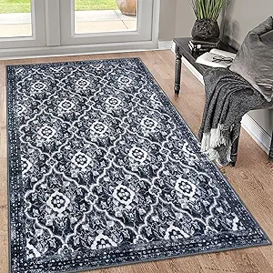 KILOCOCO 3x5 Moroccan Super Soft Area Rug Washable Living Room, Vintage Floral Rug Indoor Non-Slip, Print Faux Wool Accent Indoor Entryway Rug for Laundry Playroom Office, Black/Navy Blue White
