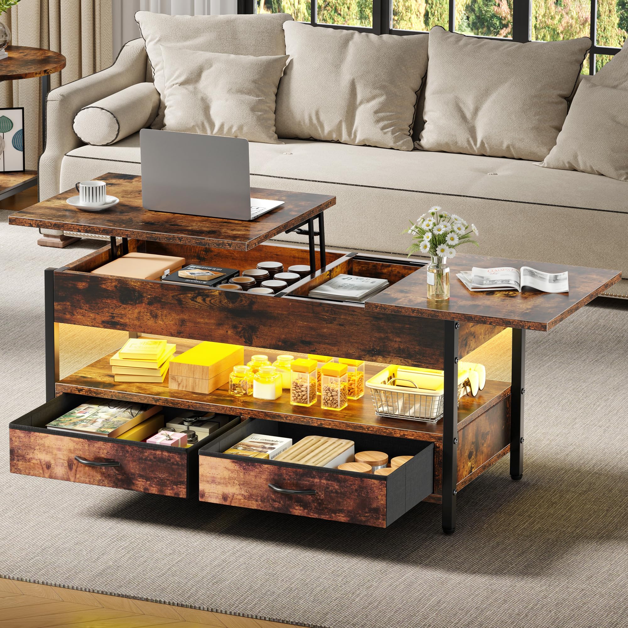 DWVO Couchtisch Höhenverstellbar mit 2 Schublade und Offener Lagerraum, LED Couchtisch mit Verstecktem Ablagefach, Wohnzimmertisch 106 x50x51,5cm