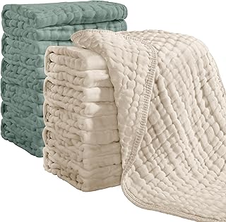 Muslin Burp Cloths 100% Cotton Muslin Cloths 12 Pack Large 20''x10'' Extra Soft and Absorbent Baby Burping Cloth for Boys and Girls (Apricot+DarkGreen)