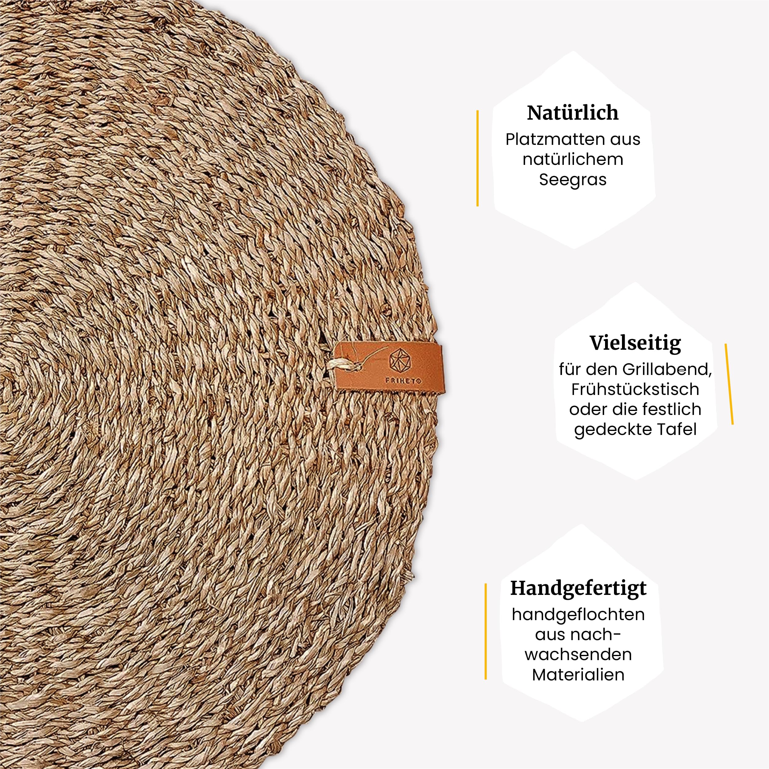 FRIHET Tischset rund - Seegras geflochten (4er Set) Platzset Ø 33 cm, Natur Tischdeko, Tischsets Platzsets abwischbar, Platzdeckchen Esstisch, Hygge Skandi Boho