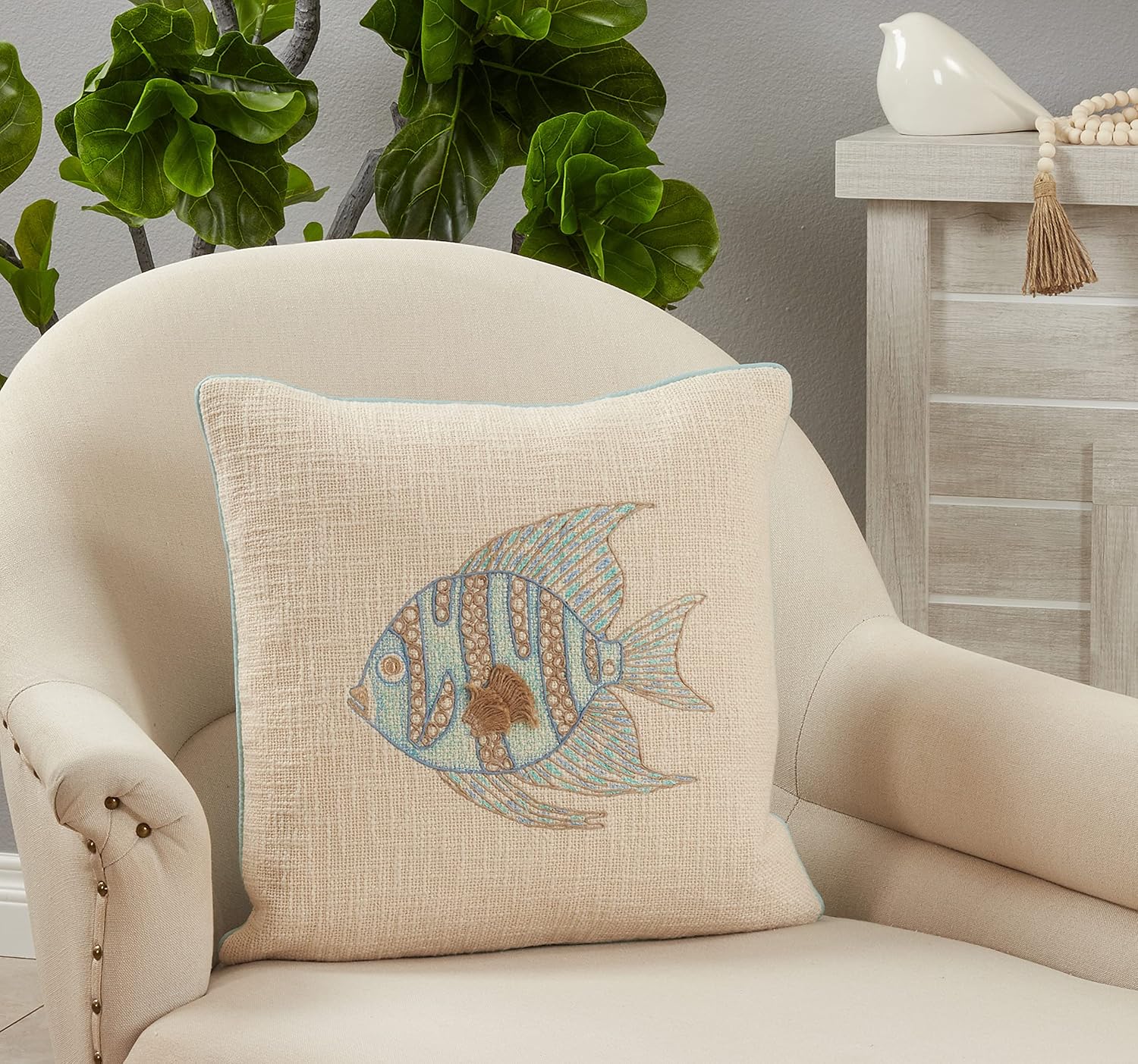 SARO LIFESTYLE Embroidered Fish Pillow Cover, Aqua, 18"
