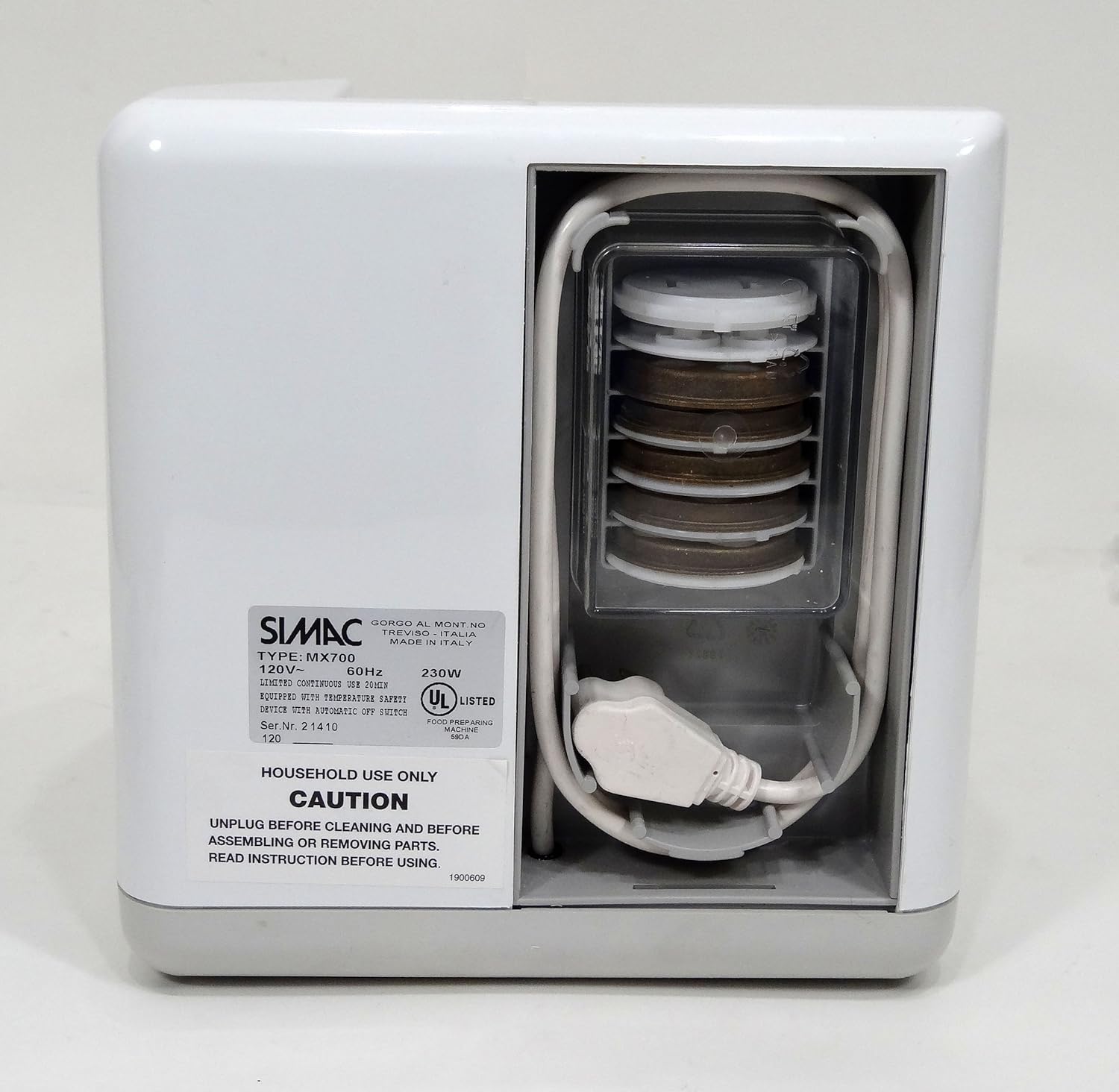 Simac PastaMatic MX700 Pasta Maker, back view with cord storage