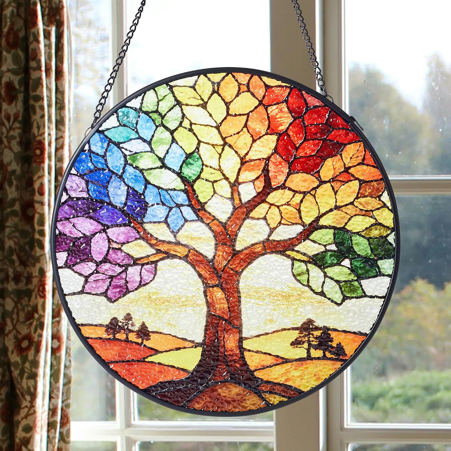 SITUMEIZI Stained Glass Window Hanging, Colorful Tree of Life Glass Panel Suncatcher, Window Decor, Birthday Gifts for Women Men Mom Wife, Couple, Friend, Plant Lover Gift, Home Decoration 5.9 in