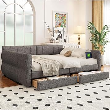 Queen Size Daybed Frame with Storage Drawers and USB-Ports, Upholstered Lambswool Sleeper Sofa Day Bed for Living Room, No Box Spring Needed, Kids Girls Adults, Gray