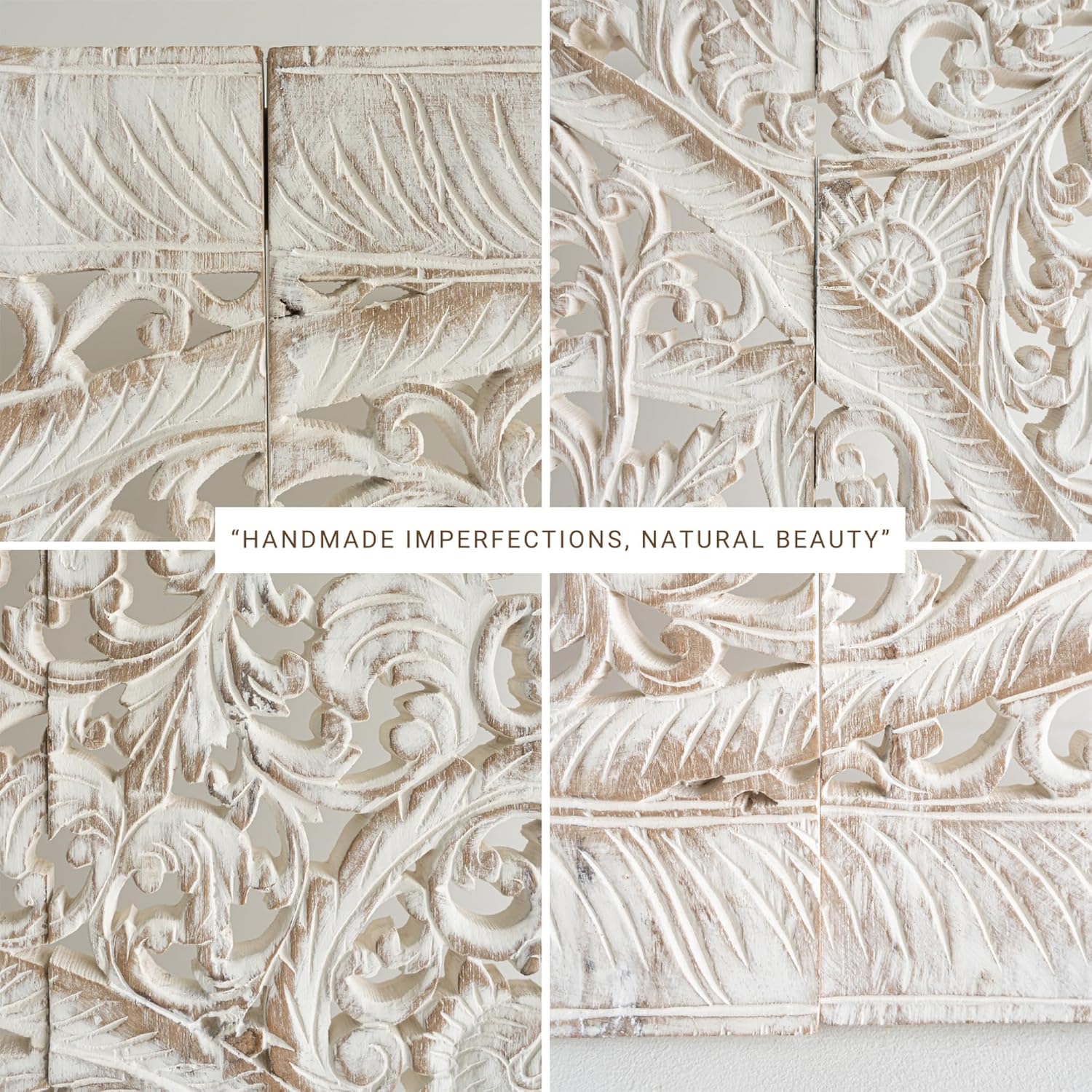 Queen Size Wooden Bed Headboard, Thai Wood Carving Beach House Decor, Weathered White, 60 inches