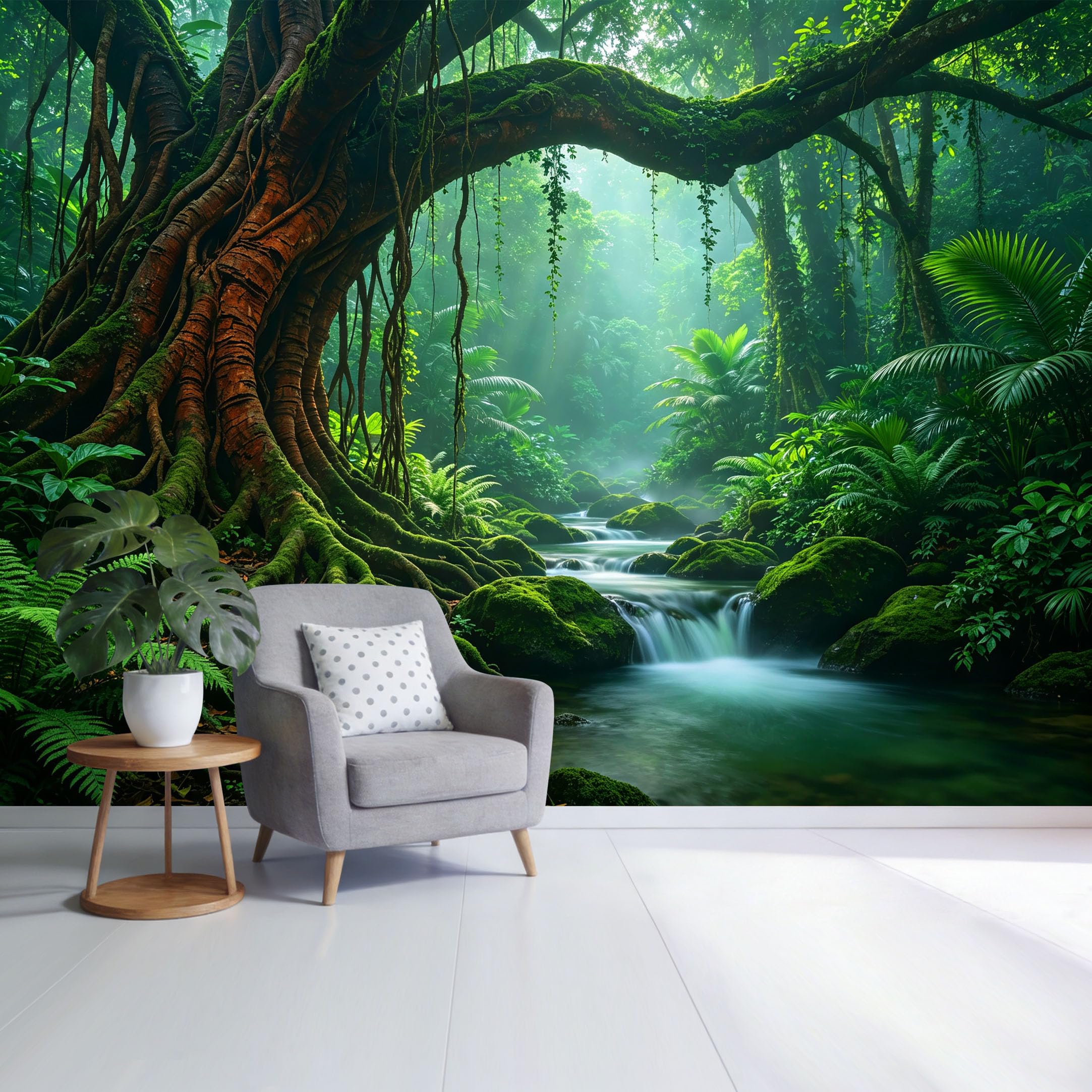 Custom Size Wall Mural Tropical Rainforest River Mossy Ancient Tree Landscape Removable Self Adhesive Fabric， Home Wall Decor for Living Room Bedroom Bathroom