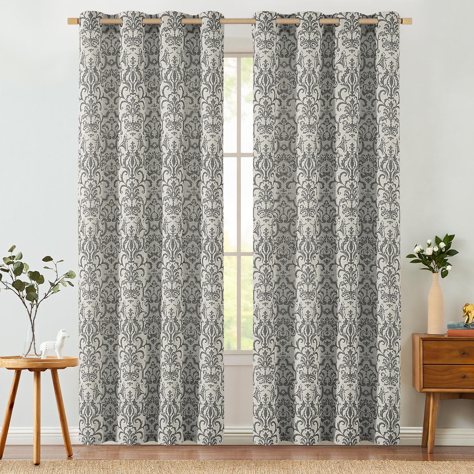 jinchan Linen Curtains for Bedroom Grey Damask Patterned Curtains 84 ...