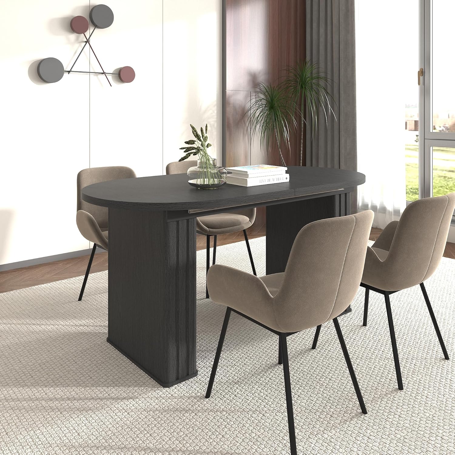 Extendable Oval Dining Table for 4-8 People, Modern MDF Kitchen Table with Wooden Strip Base, Rounded Corner Dining Room Table for Family Living Room (Black)