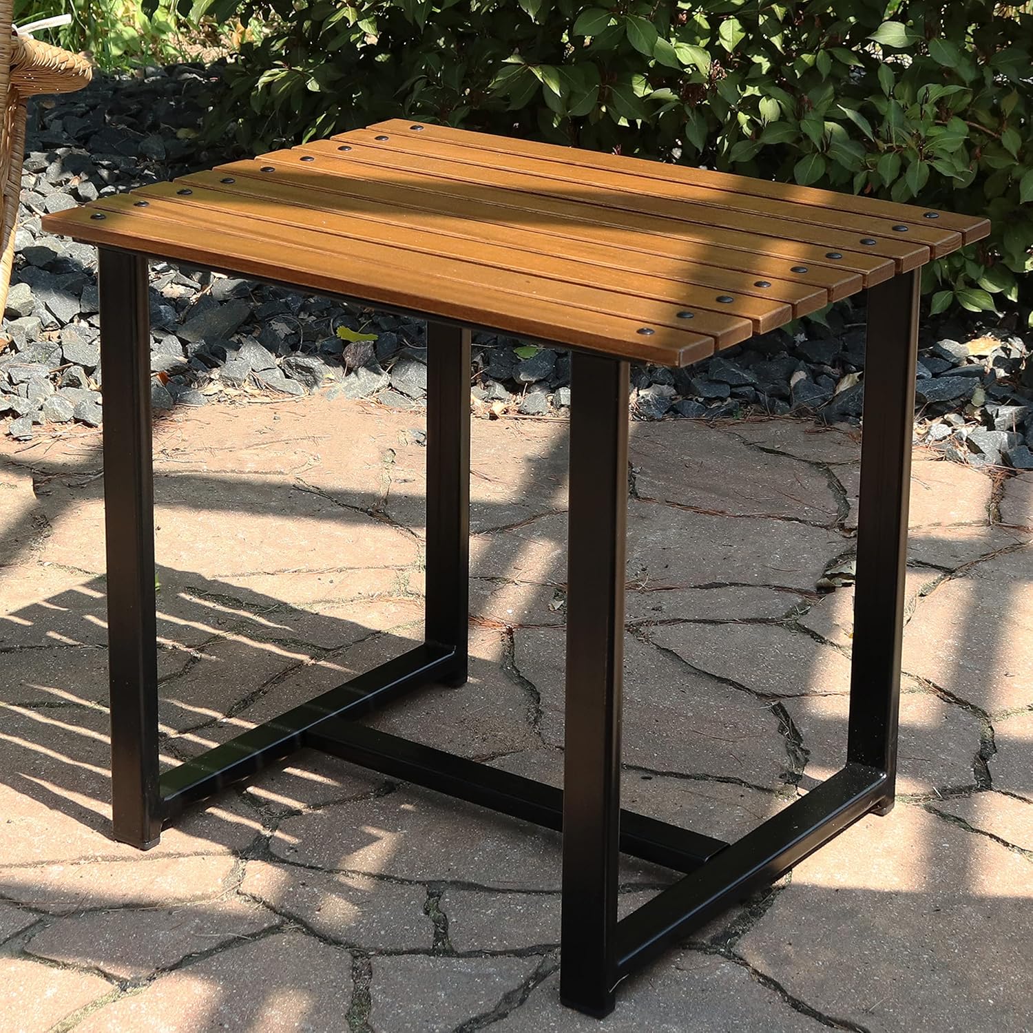 Sunnydaze European Chestnut Wooden Adirondack Side Table - Square Outdoor End Table for Patio with Steel Frame - 20-Inch - Brown