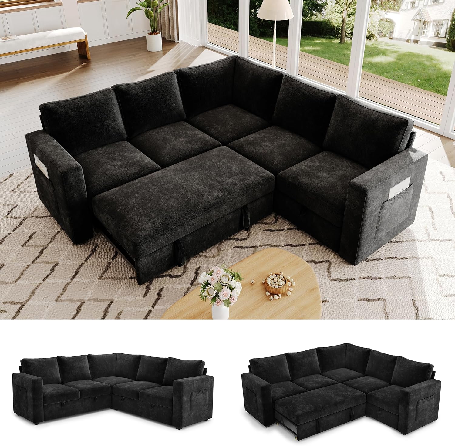 83.5" Sectional Sleeper Sofa with Pull Out Couch, Modern 5 Seat L Shaped Modular Couch, Sectionals Modular Sofa with Storage, Comfy Sectional Couches for Living Room & Apartment, Black