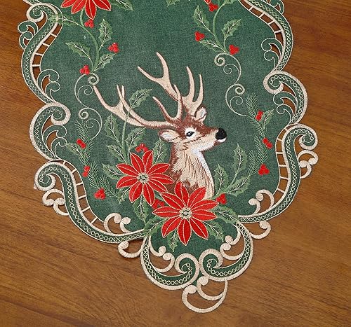 Miniatura 4 de GRANDDECO Camino de mesa de ciervos navideños para fiestas de vacaciones de granja, camino de mesa de flores de Navidad bordado, bufandas,