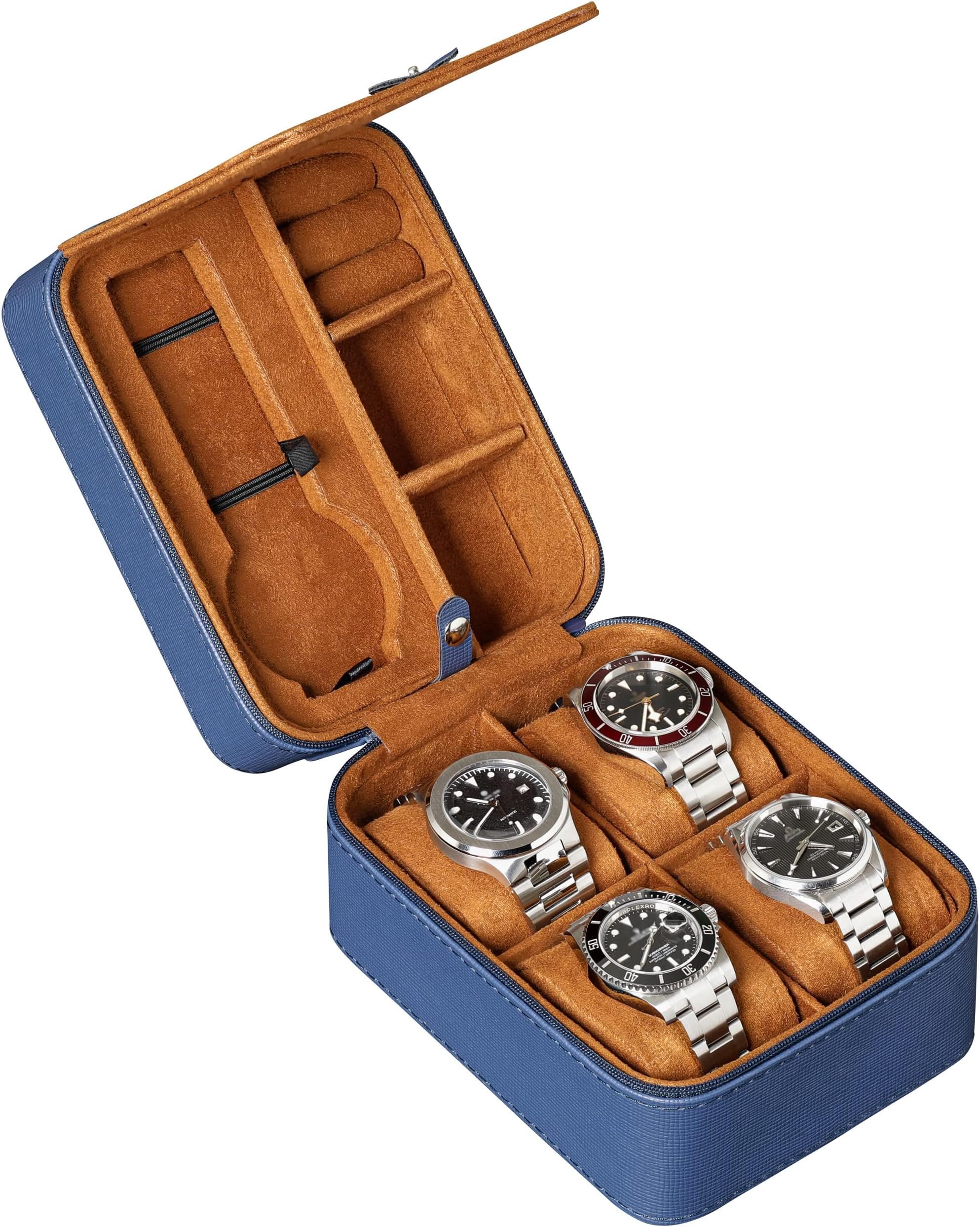 ROTHWELL 5 Watch Travel Case Storage Organizer for 5 Watches | Tough Portable Protection w/Zipper Fits All Wristwatches & Smart Watches Up to 50mm (Blue/Tan)