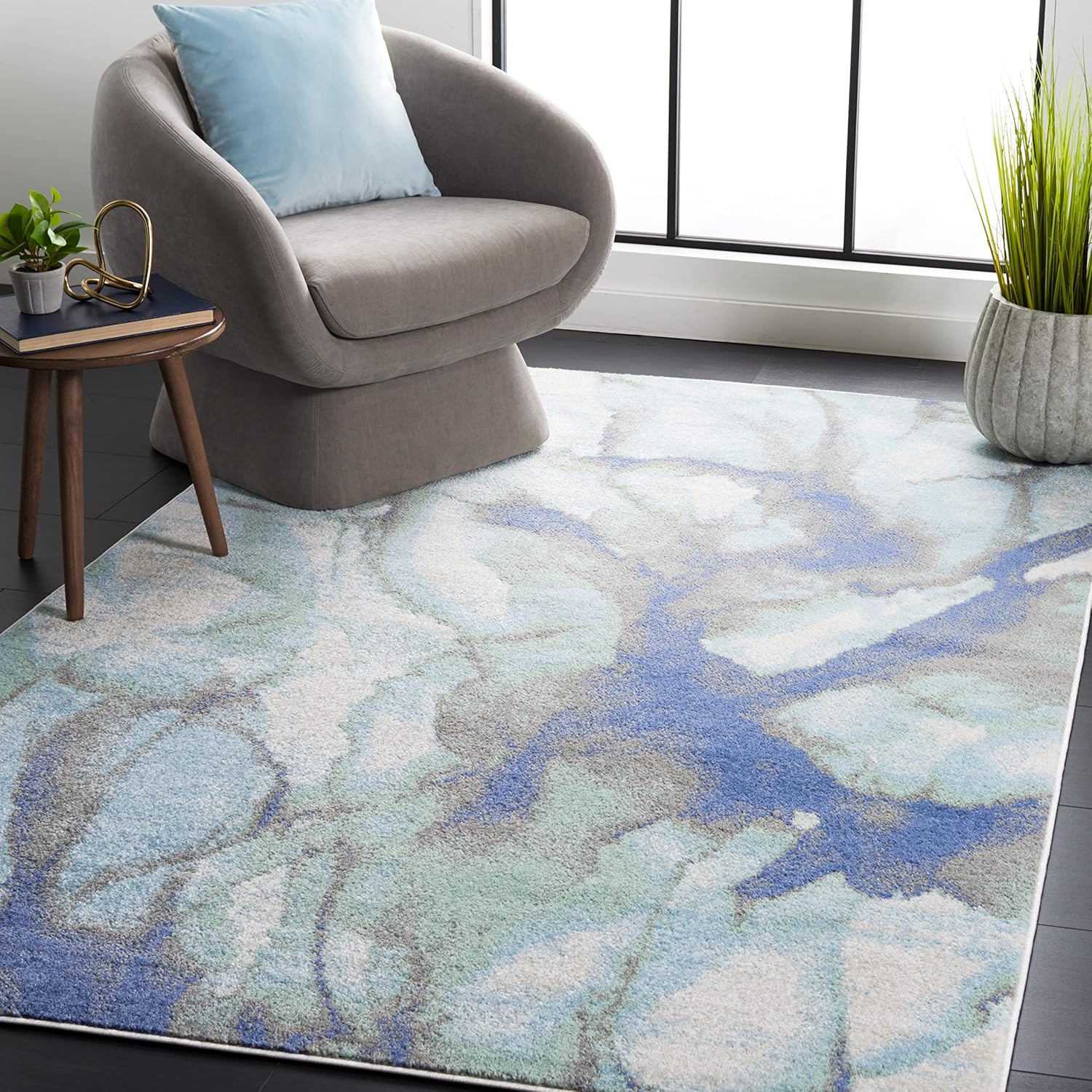 SAFAVIEH Skyler Collection Area Rug - 6'7" Square, Light Blue & Grey, Modern Abstract Design, Non-Shedding & Easy Care, Ideal for High Traffic Areas in Living Room, Bedroom (SKY512N)