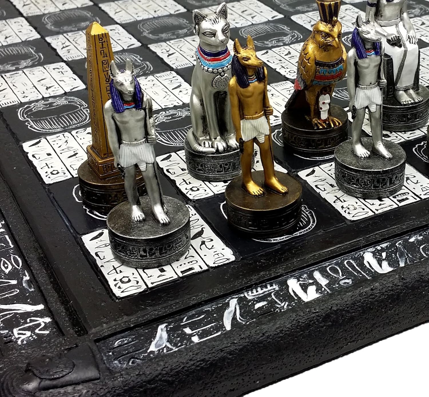 Egyptian Anubis Chess Set Gold & Silver Painted Men W/ 16" Hieroglyphic Board