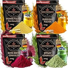 Beetroot Powder, Spinach Powder, Turmeric Powder, Ginger Powder, Smoothies Starter Set, Herb Mouse, for Milkshakes, Yoghurts, Dried, Ground, Intense Colour, Natural Food Colouring, 200 g Each