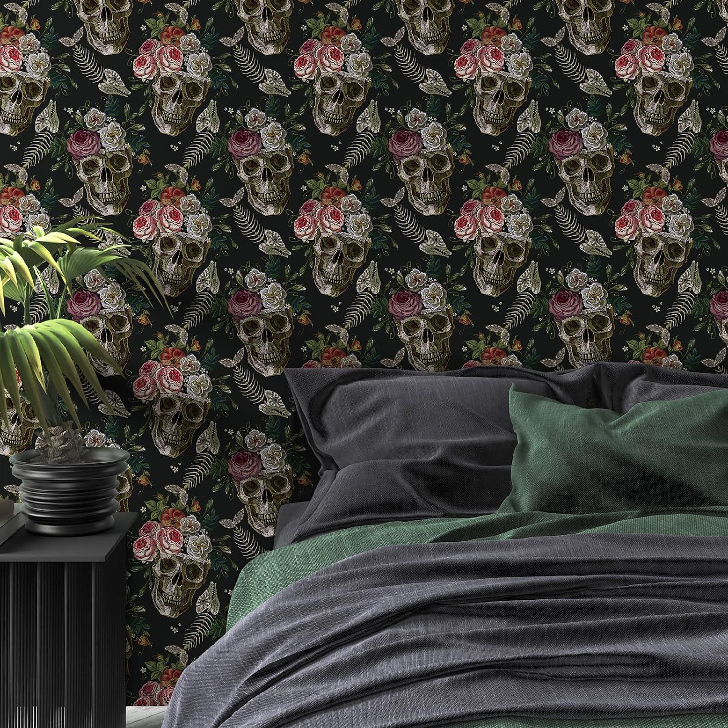 CRE8TIVE Dark Gothic Wallpaper Peel and Stick Floral Skull Wallpaper Removable Embroidery Skulls Fish Bones Rose Floral Contact Paper for Walls 12"x118" Adhesive Renter Friendly Wall Paper for Bedroom