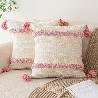 Boho Throw Pillow Covers 18x18 Set of 2 Woven Tufted Farmhouse Pillows C...