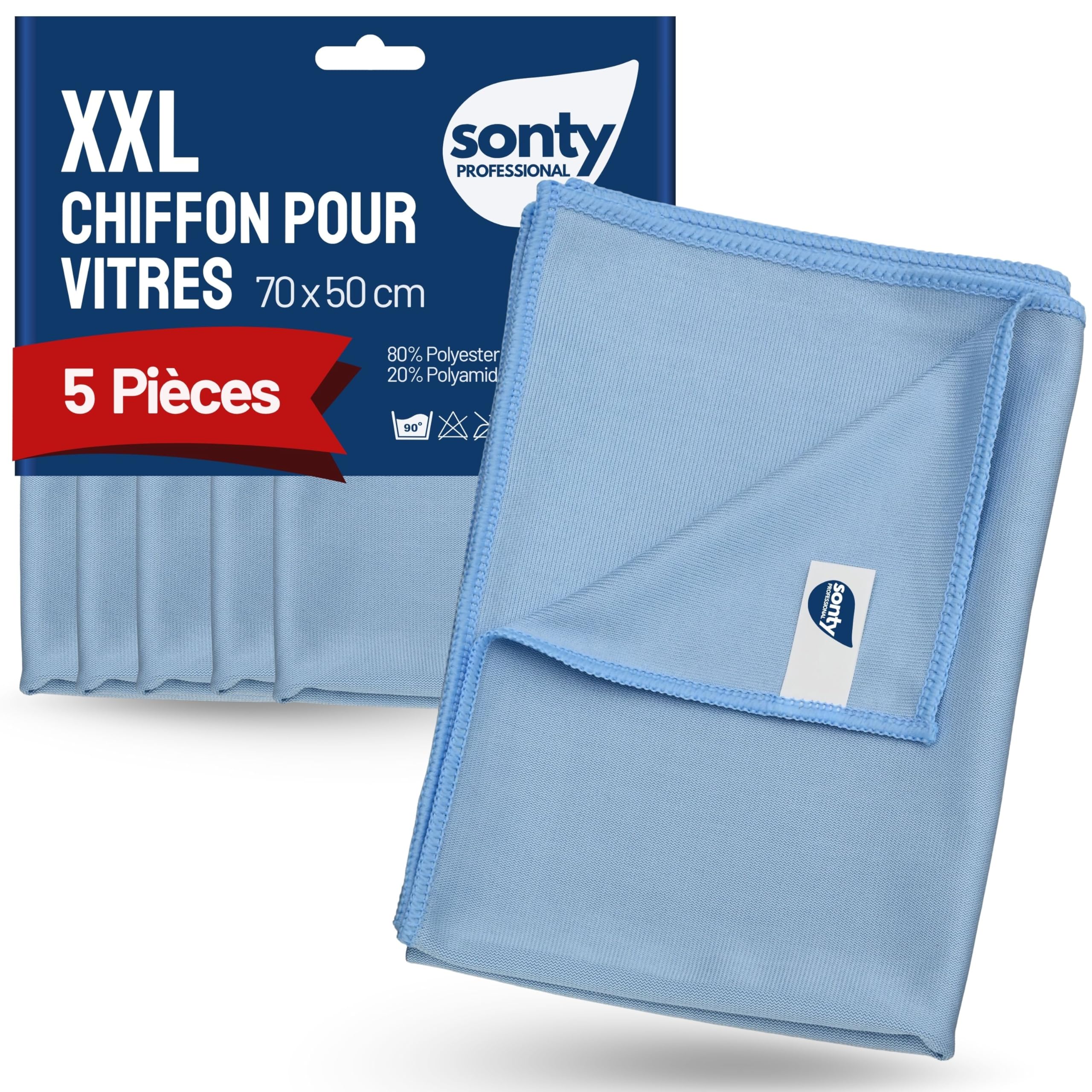 Sonty Chiffons à vitres XL Microfibre 50x70 cm – Lot de 5 lingettes antitraces | Lavette vitres & Chiffon Magique pour Verre, miroirs, Cuisines | Lavable 40–90°C (Bleu)