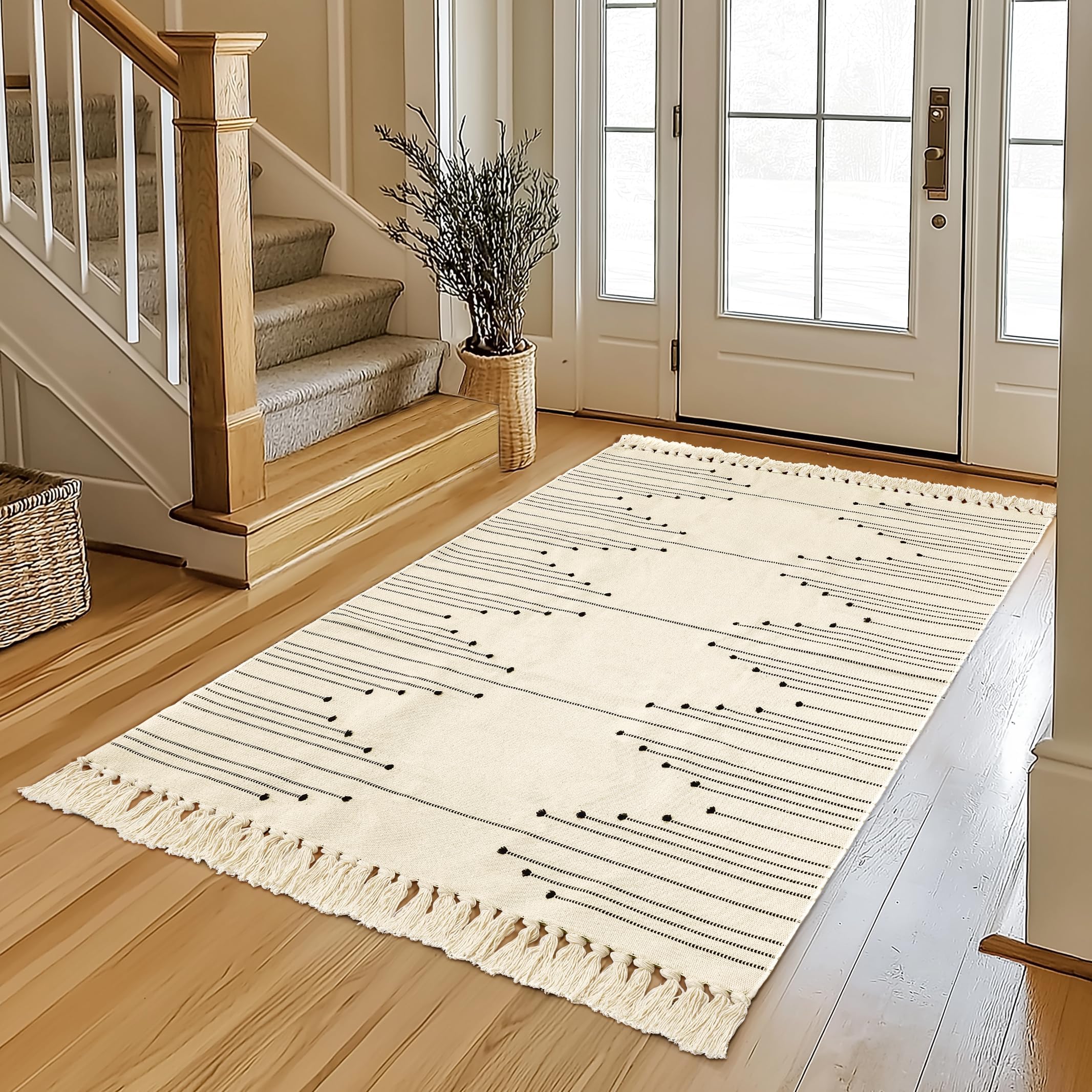 Tritard Boho Area Rug 3x5 - Woven Entryway Rugs with Tassels Farmhouse Aztec Bedroom Lightweight Throw Rugs Washable Indoor Cotton Low Pile Thin