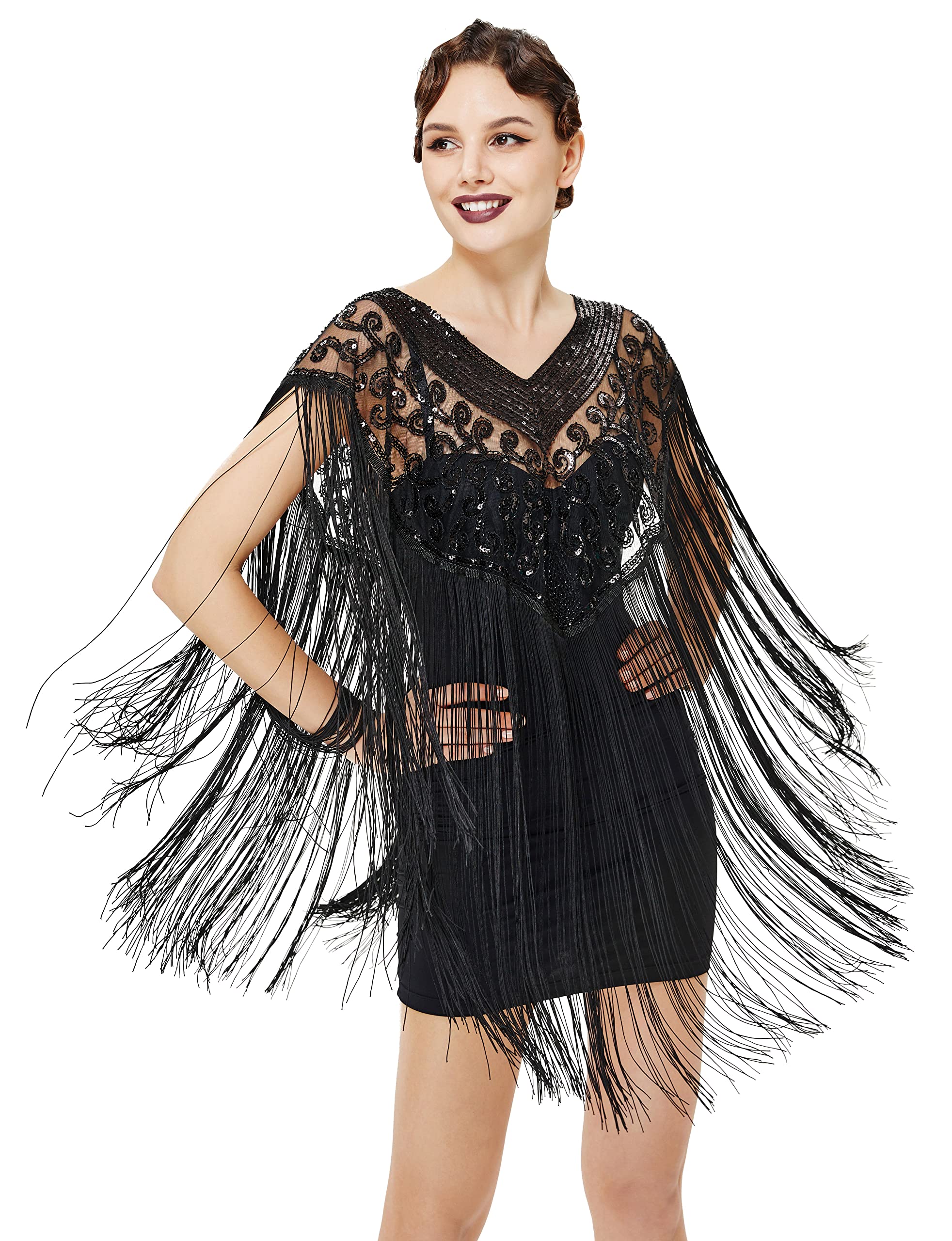 Women's 1920s Shawl Long Fringed Evening Cape Sequin Beaded Party Shawl