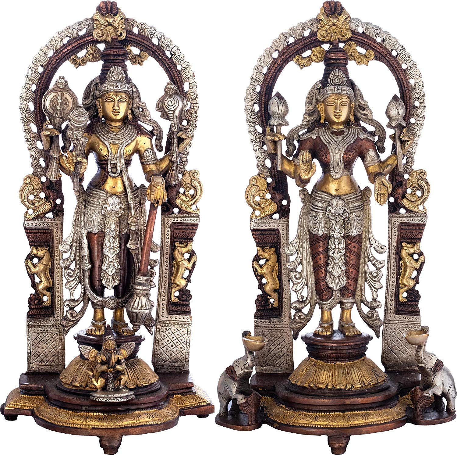 Amilav Collections India Vishnu-Lakshmi with Prabhavali - Brass Statue - Color Brown Silver Gold Color