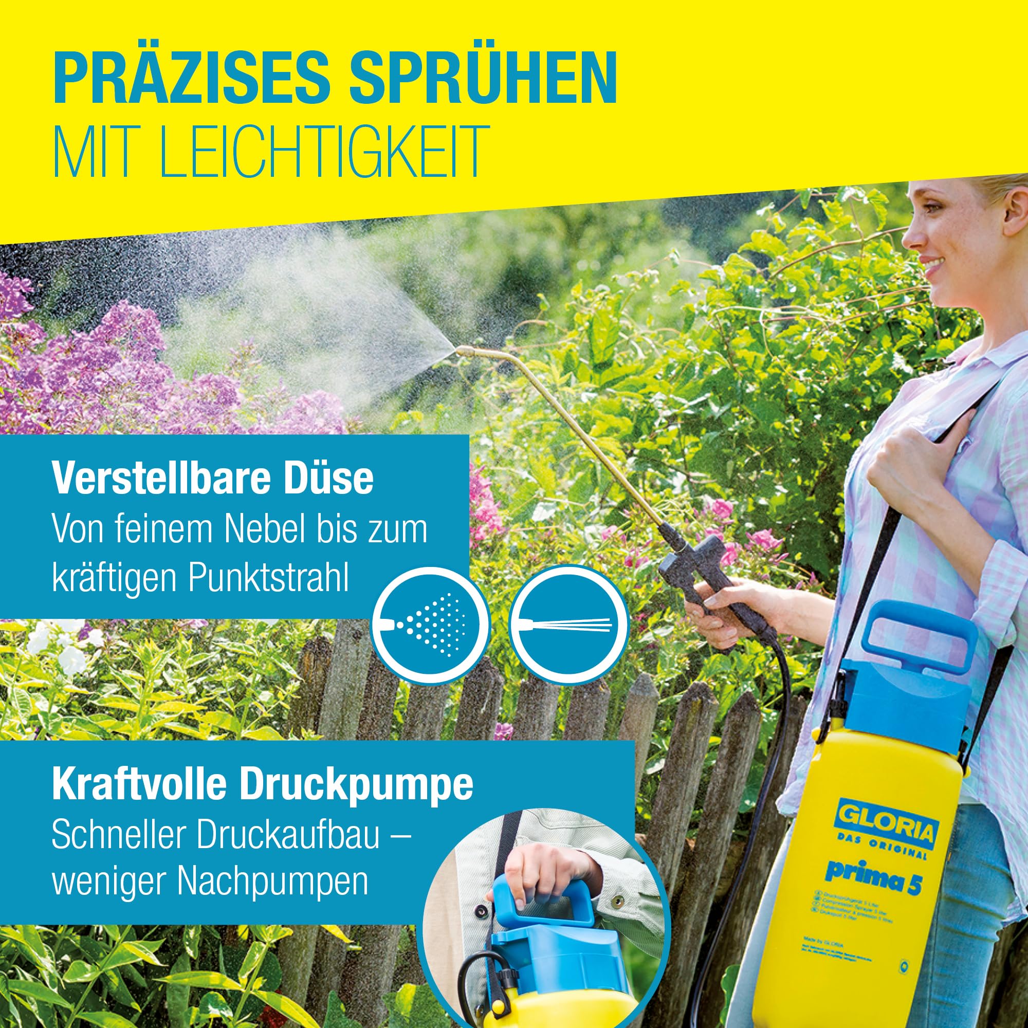 GLORIA Drucksprühgerät prima 5 | 5 Liter Gartenspritze & Drucksprüher | Pumpsprühflasche für Pflanzenschutz & Unkrautvernichter | Sprühflasche für Garten & Pflanzen