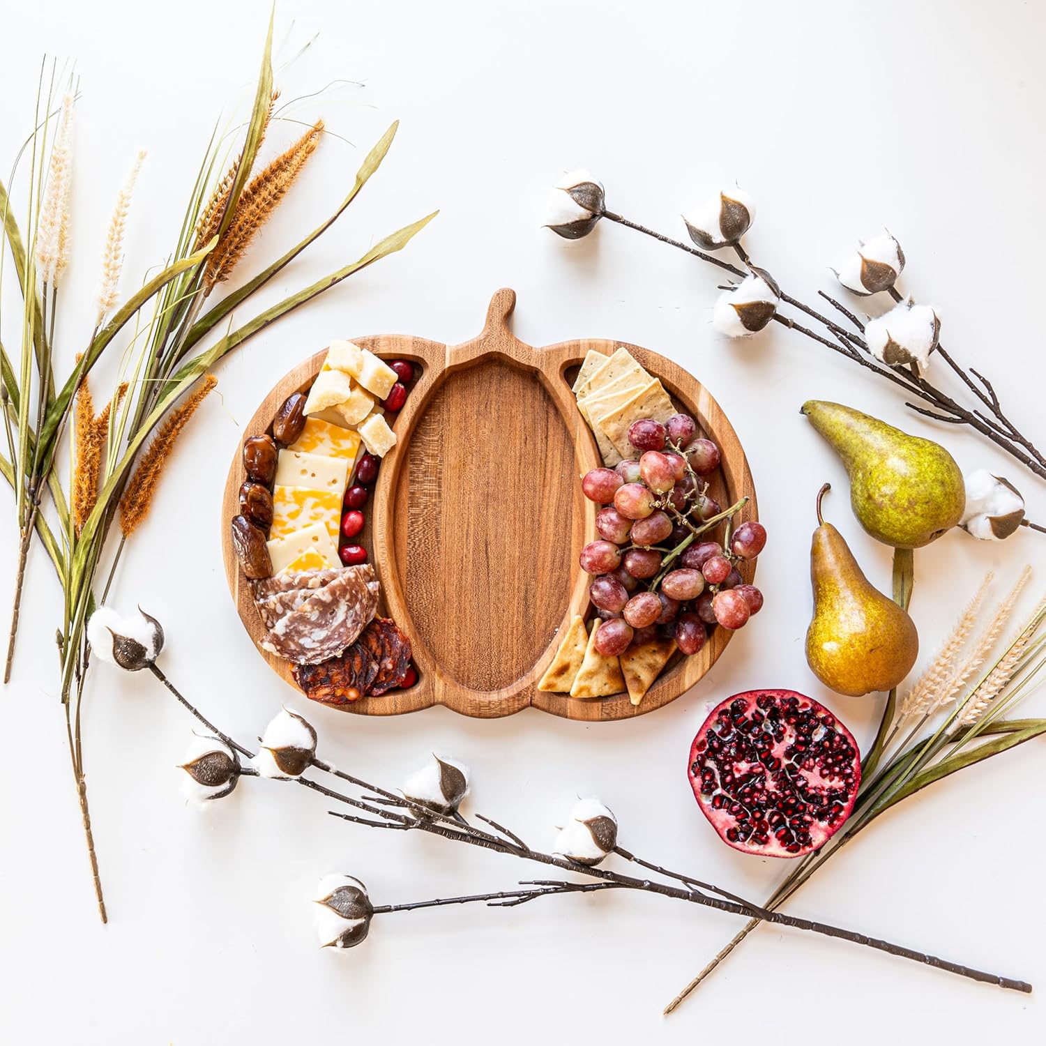 Solid Cherry Pumpkin Charcuterie Board - Handmade in the USA Holiday Serving Board - Charming Gathering Centerpiece - 14 x 11in Three Compartment Pumpkin Design