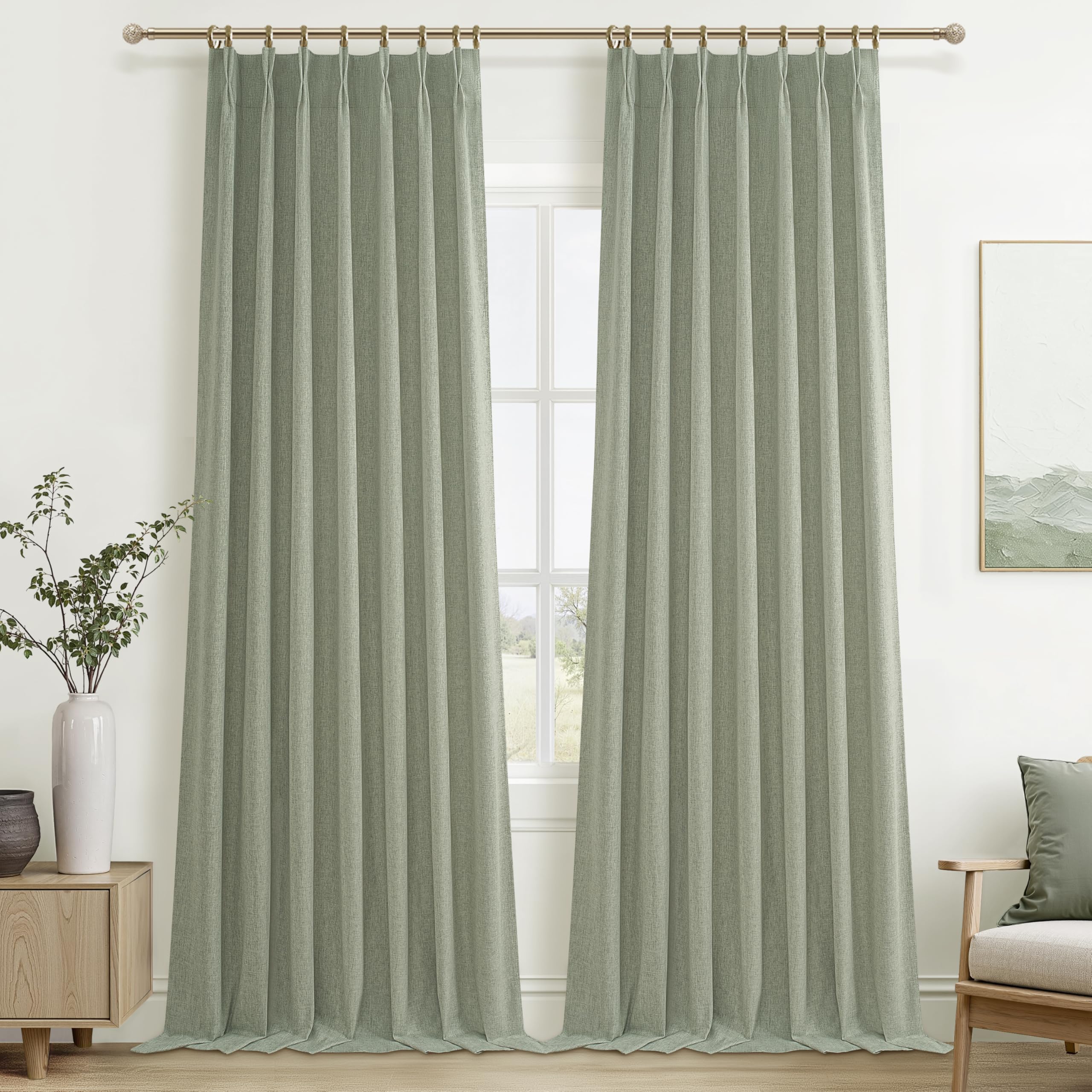 Sage Green Blackout Linen Curtains 102 Inches Long for Living Room Bedroom, Pinch Pleated Boho Light Drapes Viral Window Curtain with Pinch Pleat Clips Thermal Insulated (40"Wx102"Lx2Panels Sage) โ image 1