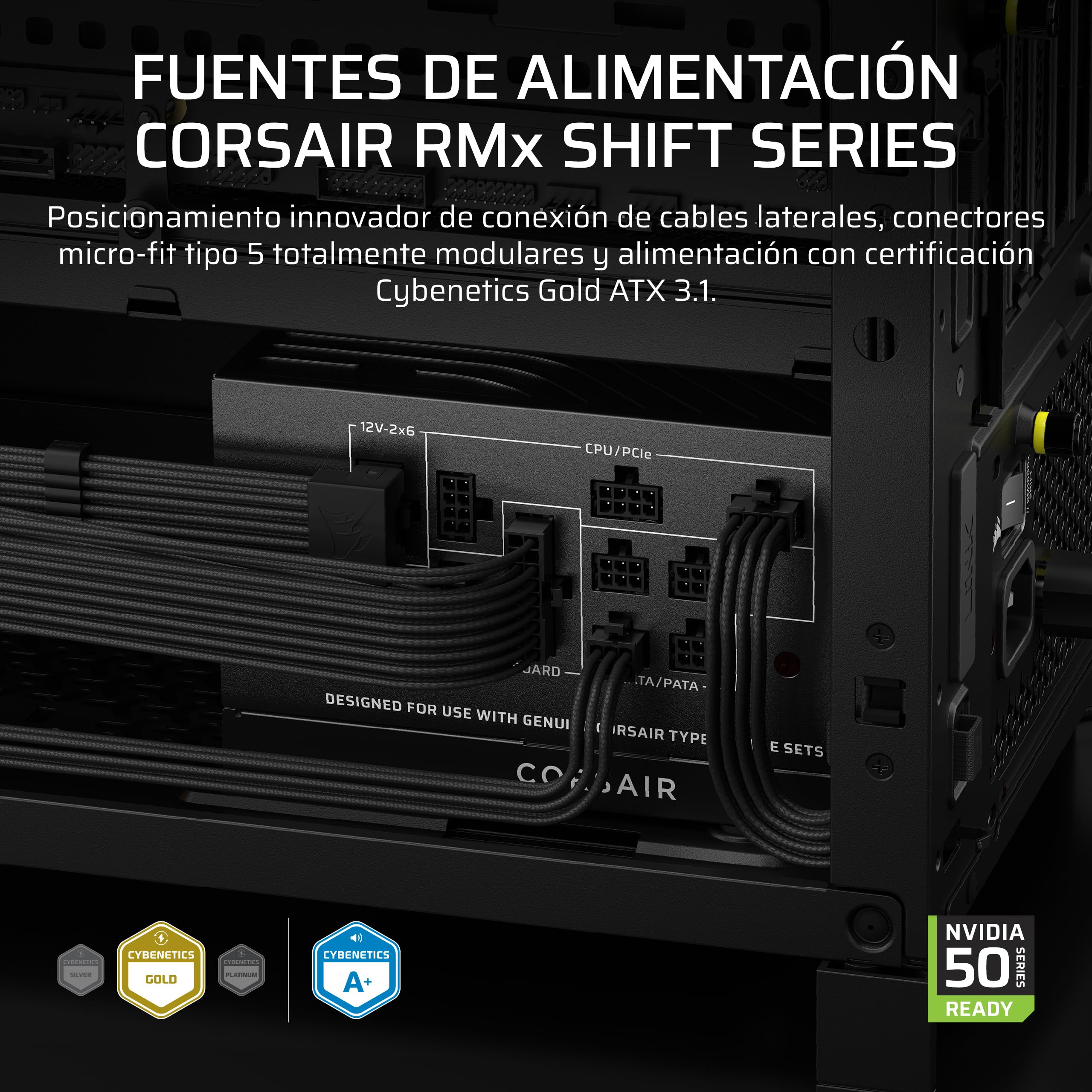 CORSAIR RM850x Shift (2025) Fuente de Alimentación ATX Totalmente Modular – Interfaz Lateral Modular, 12V-2x6, ATX 3.1 y PCIe 5.1, Condensadores de 105°C, Cybenetics Gold – Negro
