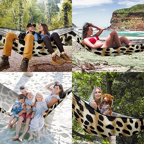 Miniatura 2 de Hamaca de camping al aire libre con estampado de leopardo, color camuflaje, hamacas dobles individuales con 2 correas de árbol, hamacas de nailon