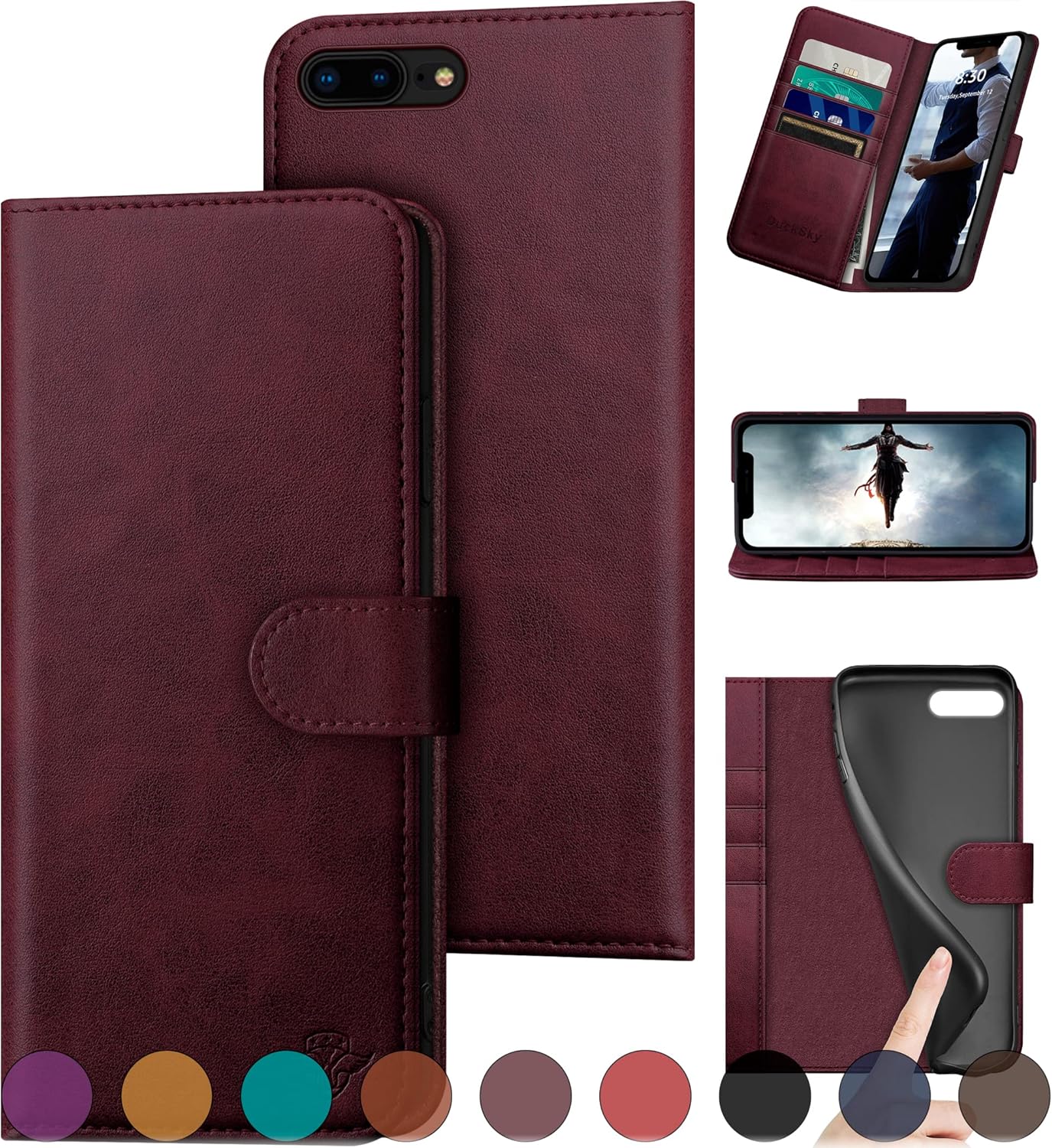 DuckSky for iPhone 7 Plus/8 Plus Genuine Leather Wallet case 【RFID Blocking】【4 Credit Card Holder】【Real Leather】 Flip Folio Book Phone case Protective Cover Women Men for Apple 8 Plus case Wine Red