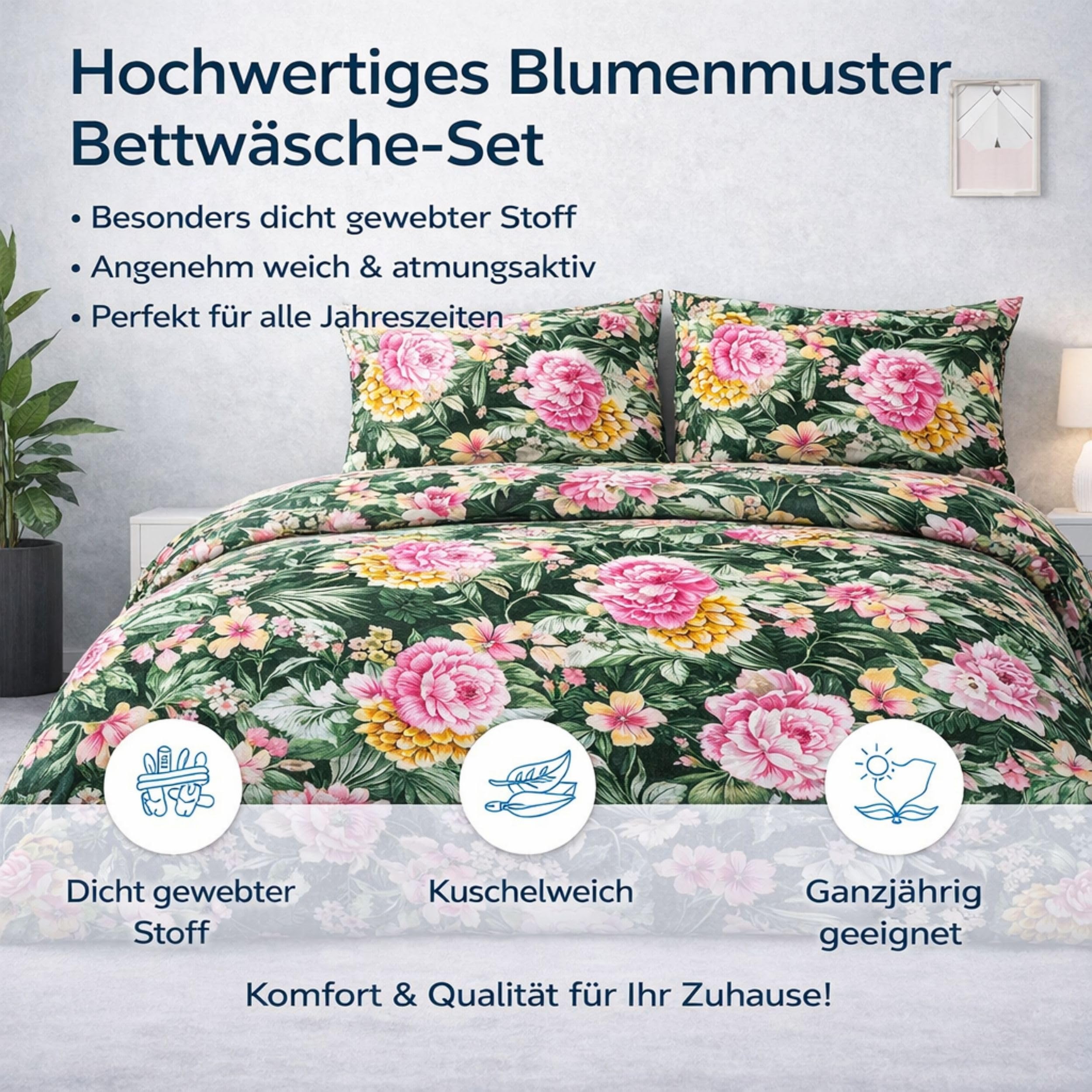 ZIRVEHOME Bettwäsche 200x220 cm 3-teilig – 100% Baumwolle Renforcé, Dunkelgrün Floral Blumen Design, Atmungsaktiv & Hautfreundlich, Bettbezug 200x220 + Kissenbezug 80x80. Grün Garden V1